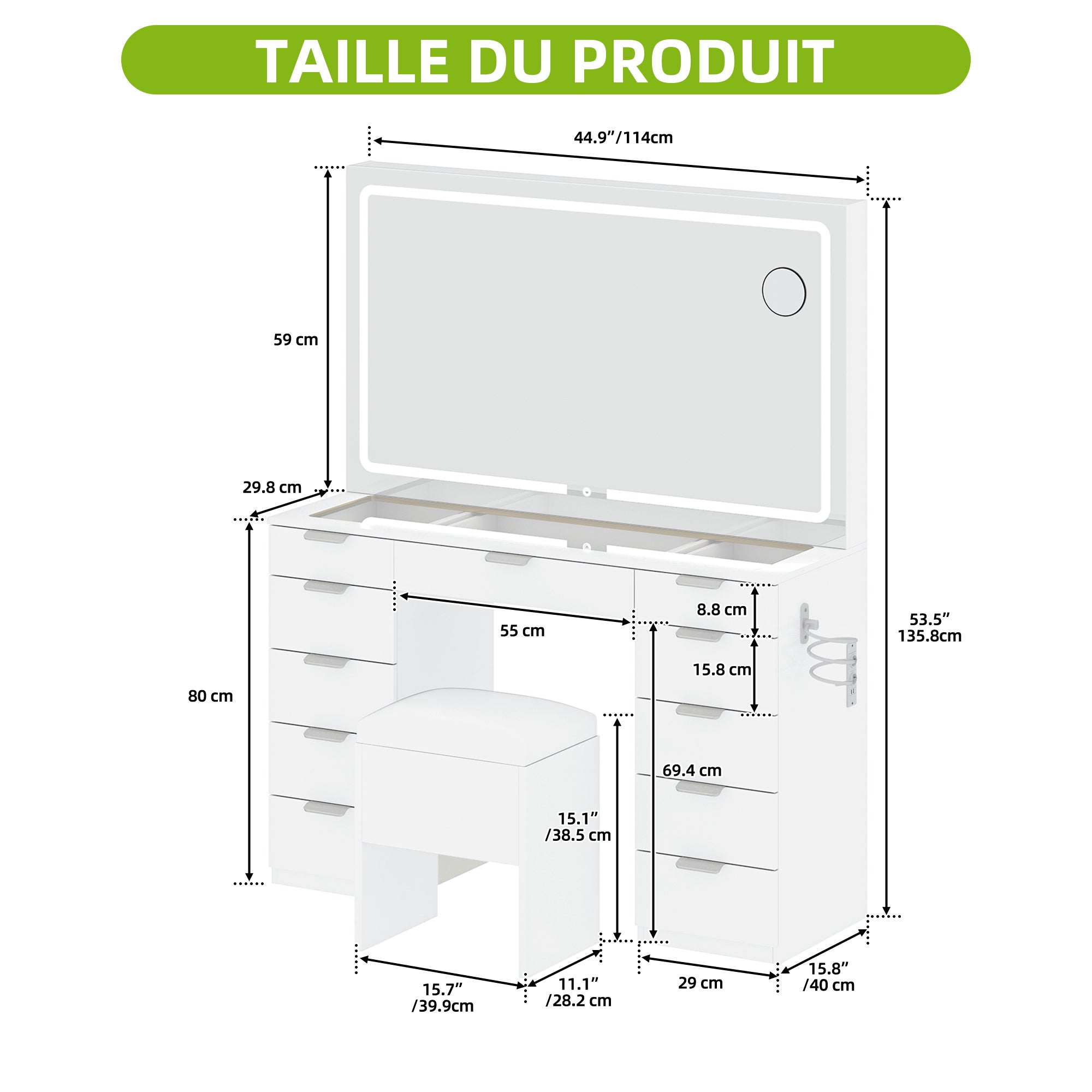Balconera Coiffeuse avec Miroir LED réglable, Prise EU，11 Tiroirs, 40 x 114 x 134cm, avec Tabouret, Blanc, Style Moderne - 2