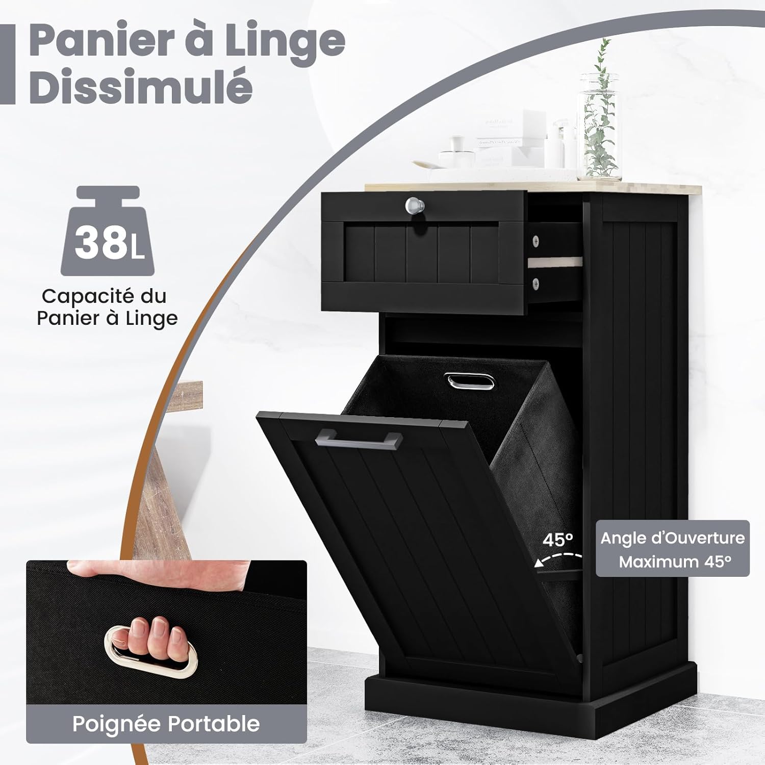 Panier à Linge avec Porte Basculante 38L, Meuble Salle de Bain Rangement 40 x 37 x 82 cm, Gain de Place, pour Petit Espace, Noir - 5