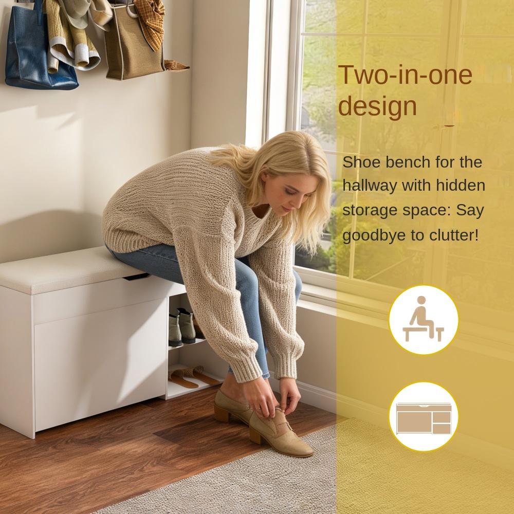Banc à chaussures MDF blanc 100x30x52 cm avec rangement secret, design moderne minimaliste, coussin PU confortable - 7