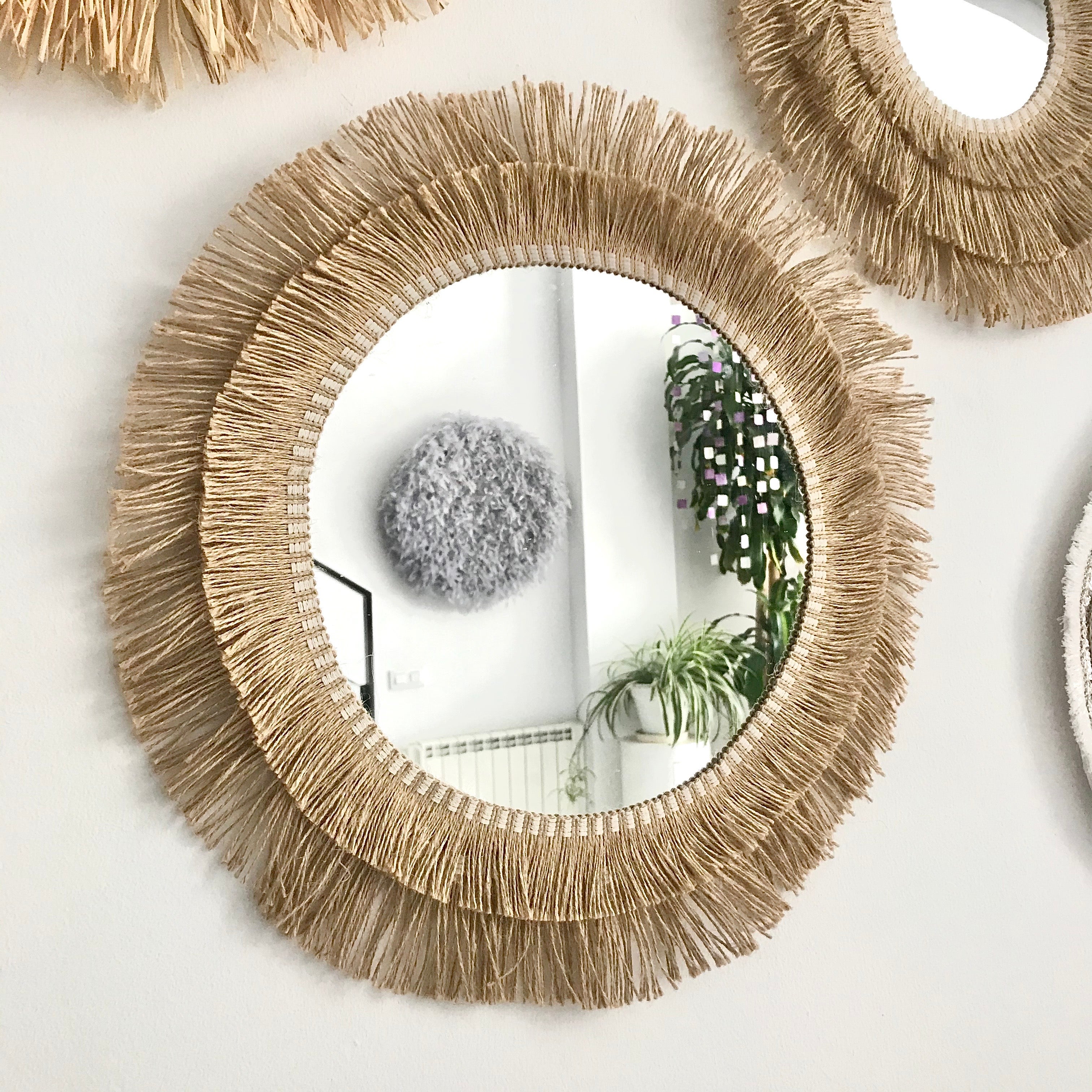 Espejo decorativo redondo de cuerda de yute y fibras naturales estilo bohémio - mirror jute ii 35cm