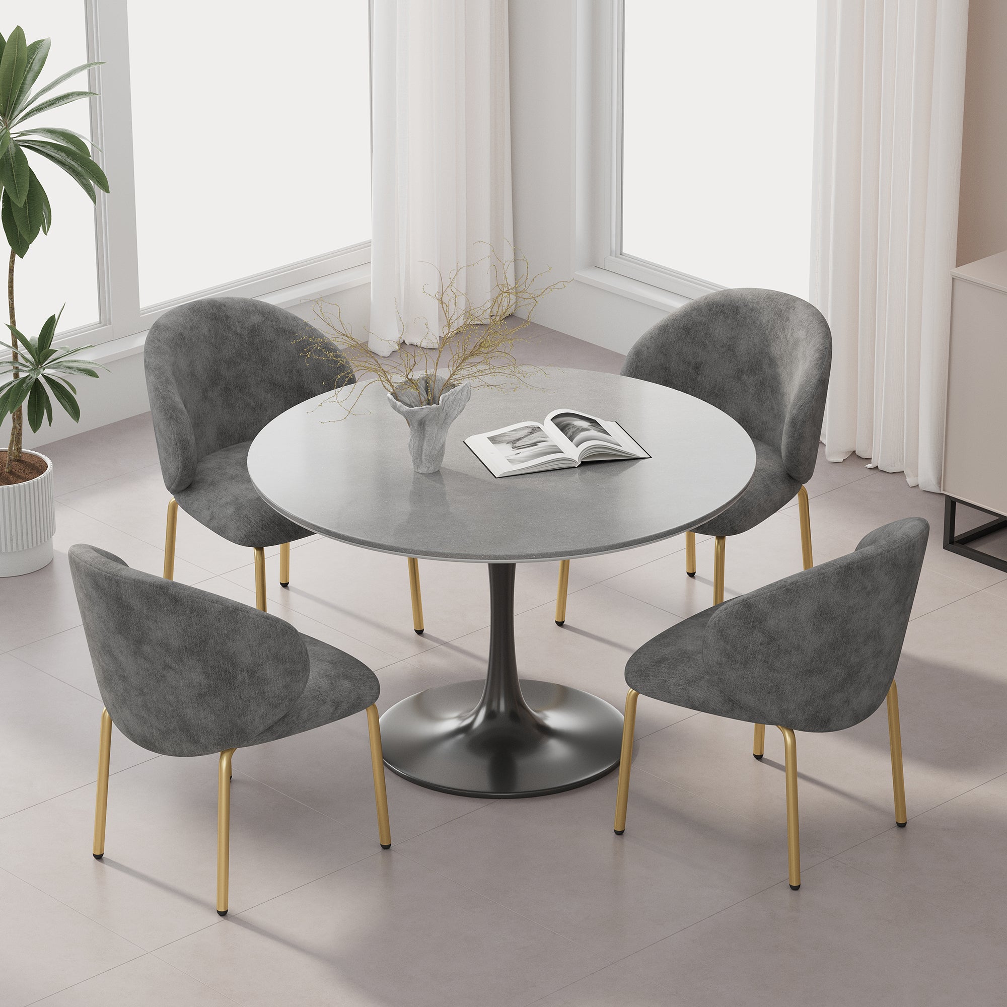Zestaw 4 krzeseł do jadalni z podłokietnikami - 47,5 x 56 x 74 cm - tkanina szenilowa i złote metalowe nogi - szary