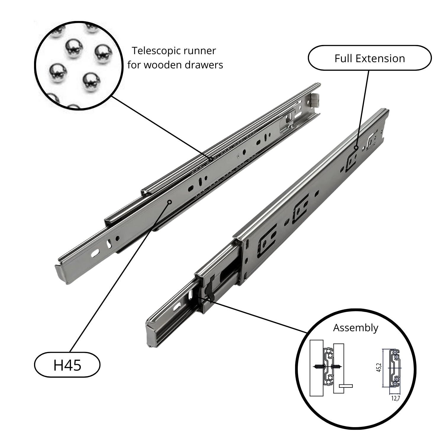 600MM - Paire de Coulisses pour Tiroir à Billes - H 45mm - Sortie Totale. Avec fermeture standard - Guides Rails Coulissants - Portée 50kg - 3