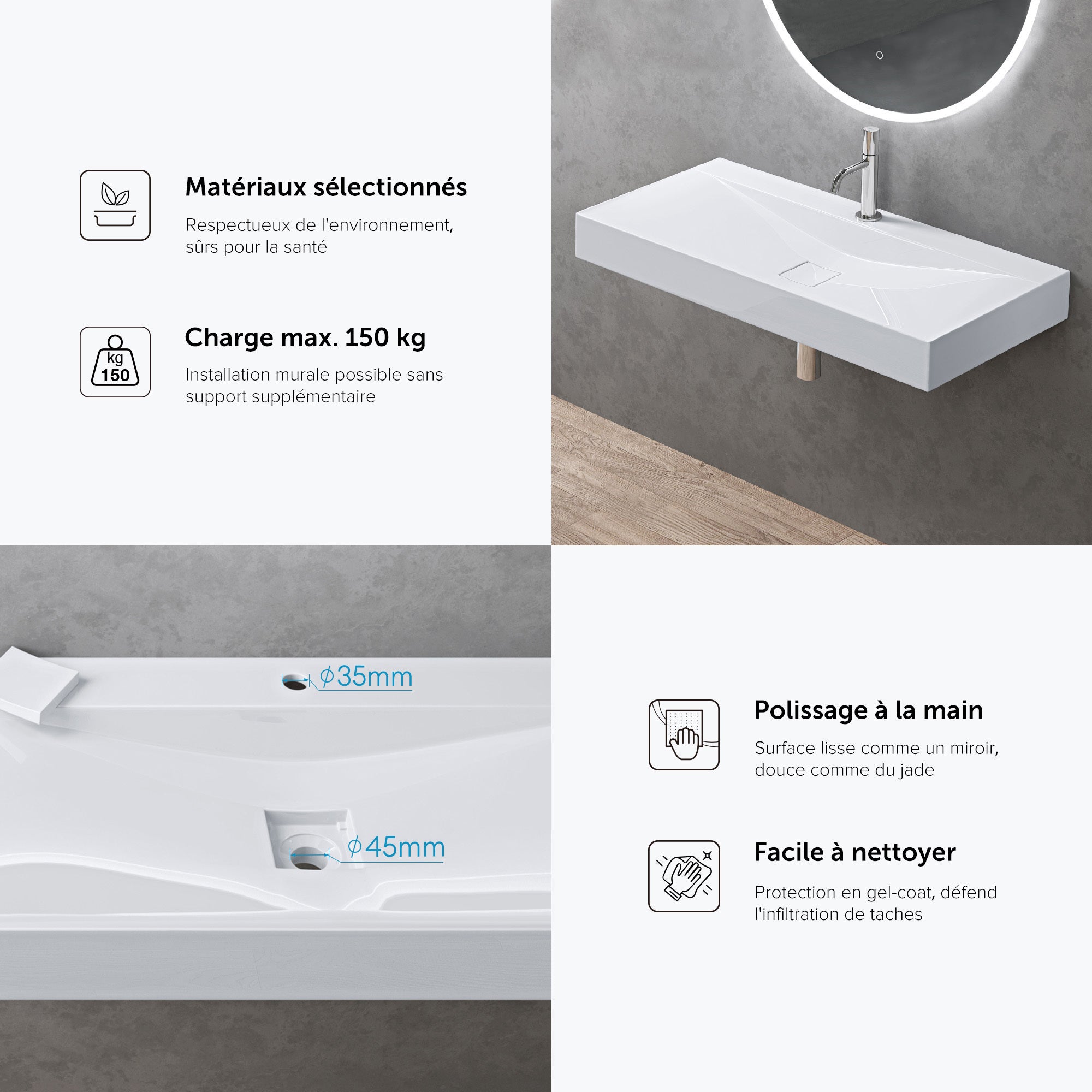 doporro Vasque à Poser 120cm Lavabo Suspendu Blanc Colossum810 Fonte Minérale Solid Surface 120x48x12cm - 6