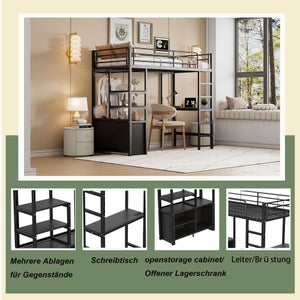 Lit Mezzanine 90x200 Avec Bureau Intégré - Noir, 4 Tiroirs, LED RGB, Prise USB, Sans Matelas