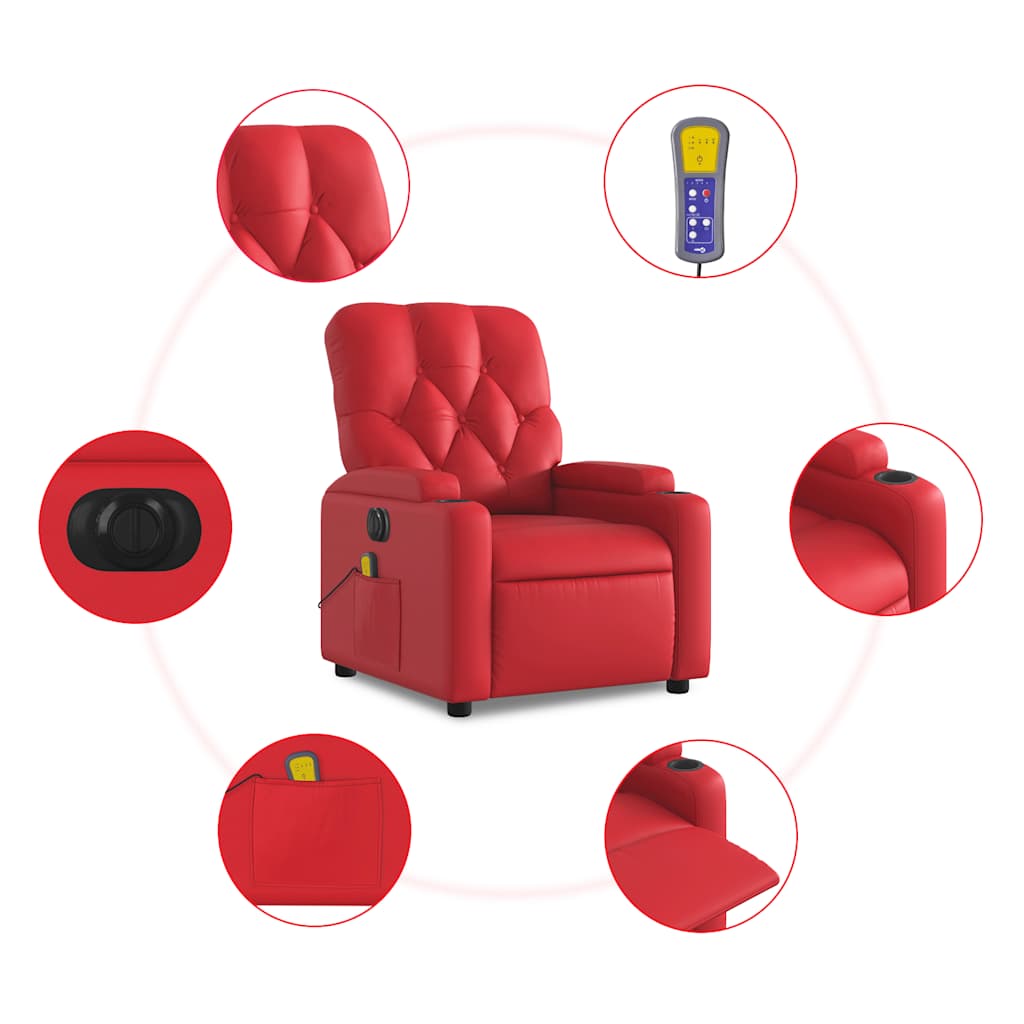 Sillón de masaje reclinable eléctrico de cuero artificial rojo vidaXL - 8