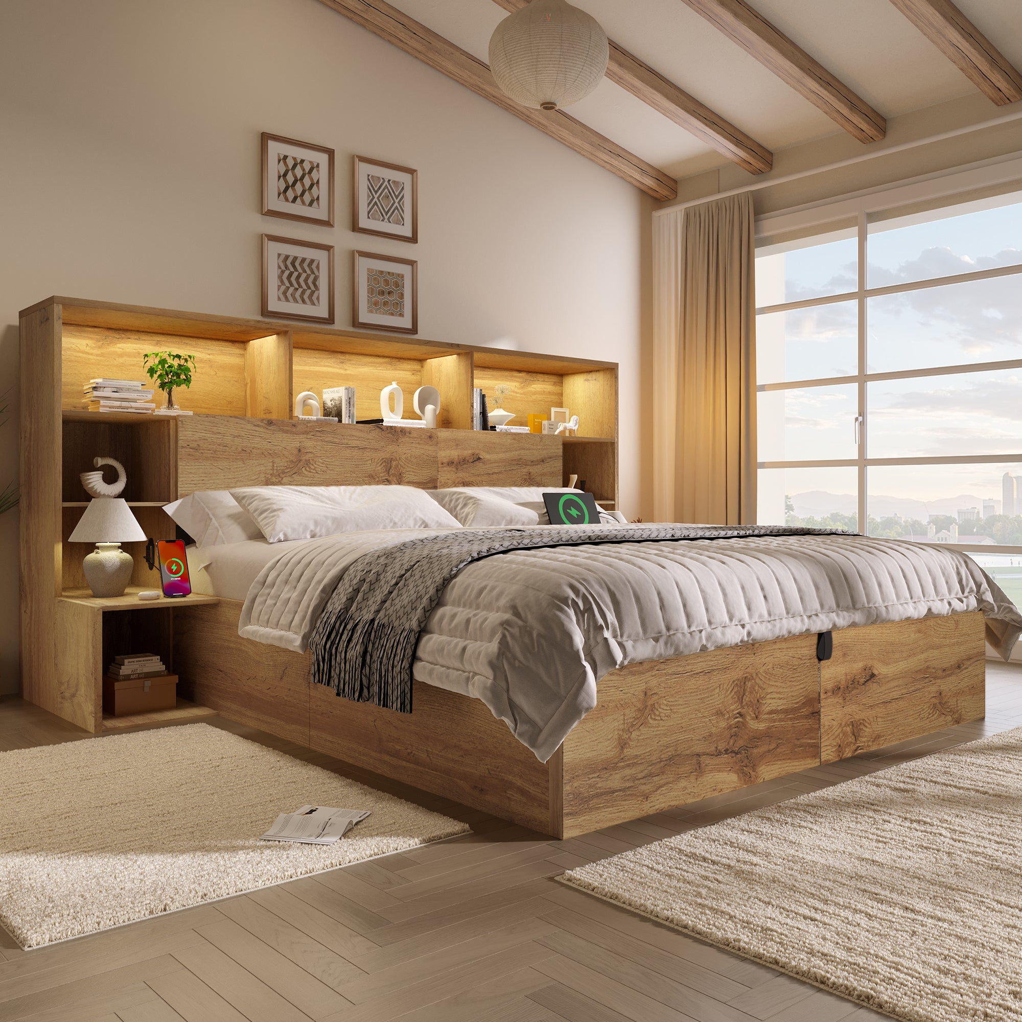 Lit 160x200 cm avec rangement hydraulique,Lit double en bois avec LED et port USB,avec table de chevet,sommier à lattes, Couleur Chêne(Sans matelas) - 2