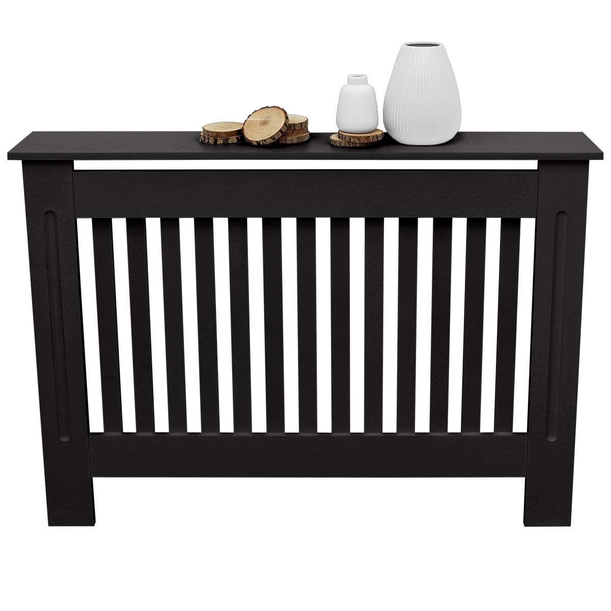 ECD Germany osłona na grzejnik 112x19x82 cm MDF lakierowany czarny styl wiejski dekoracja do salonu i sypialni elegancka osłona grzewcza