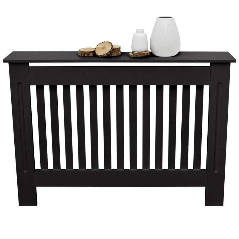 ECD Germany osłona na grzejnik 112x19x82 cm MDF lakierowany czarny styl wiejski dekoracja do salonu i sypialni elegancka osłona grzewcza