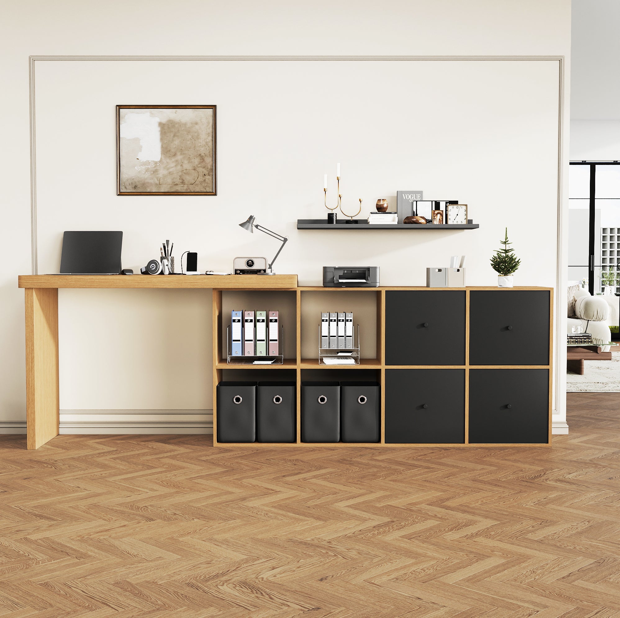 Bureau d’angle pivotant 360° en MDF noir et décor chêne, avec 4 tiroirs ...
