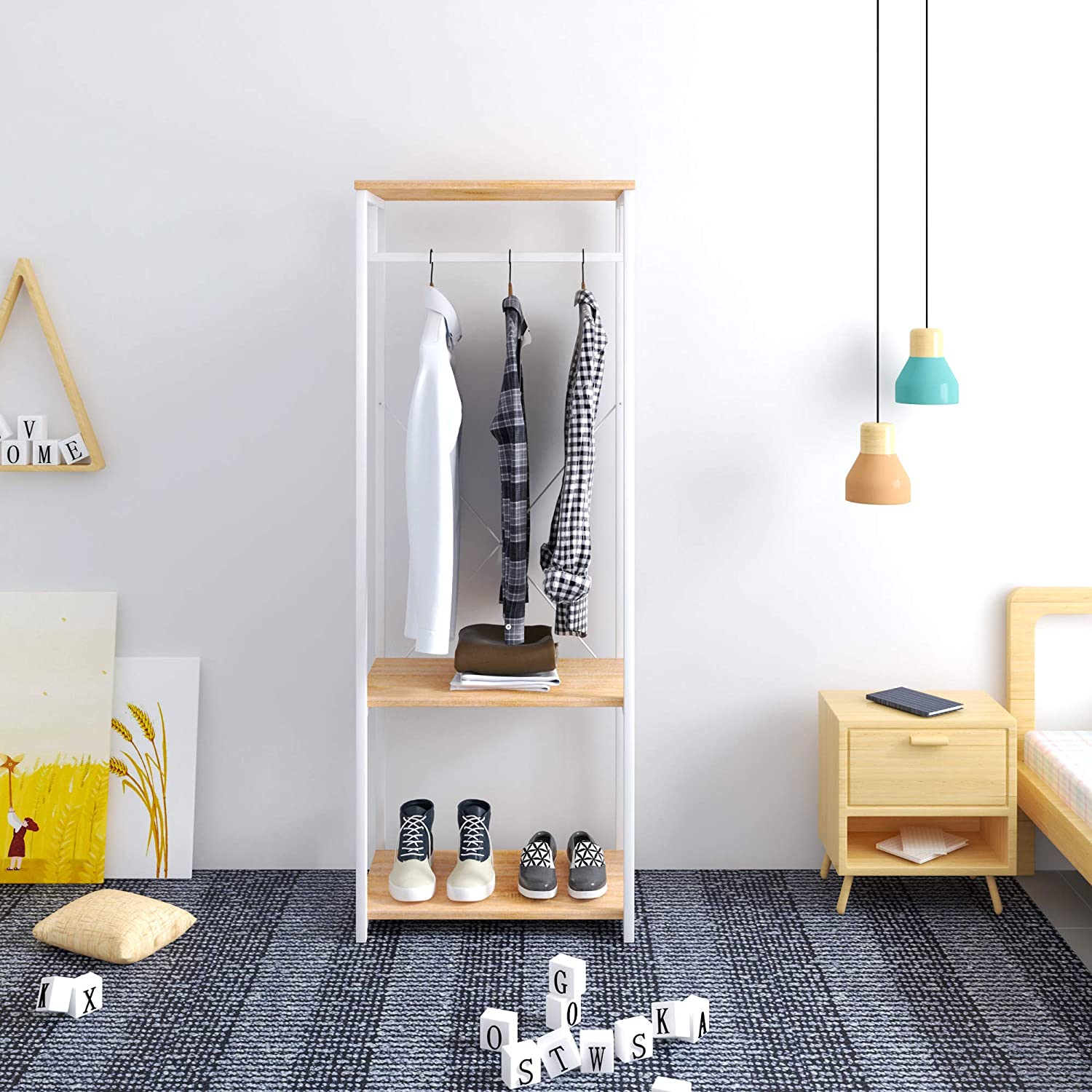 Armoire de rangement WOLTU, Étagère à vêtements, Portant à vêtements en métal et bois, 60 x 40 x 167 cm, Blanc+chêne clair - 3