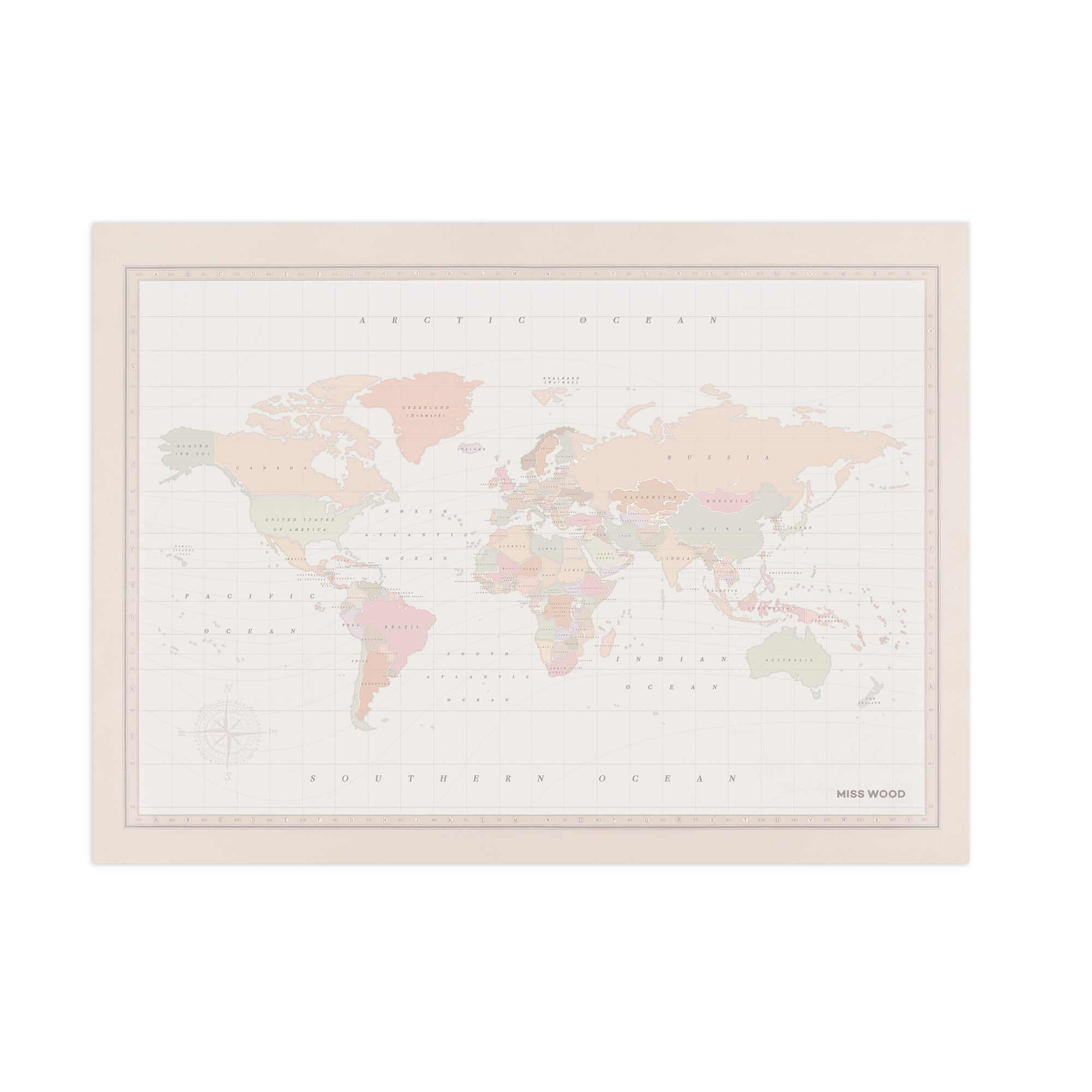Mapamundi corcho - woody map watercolor colonial / 90 x 60 cm / sin marco