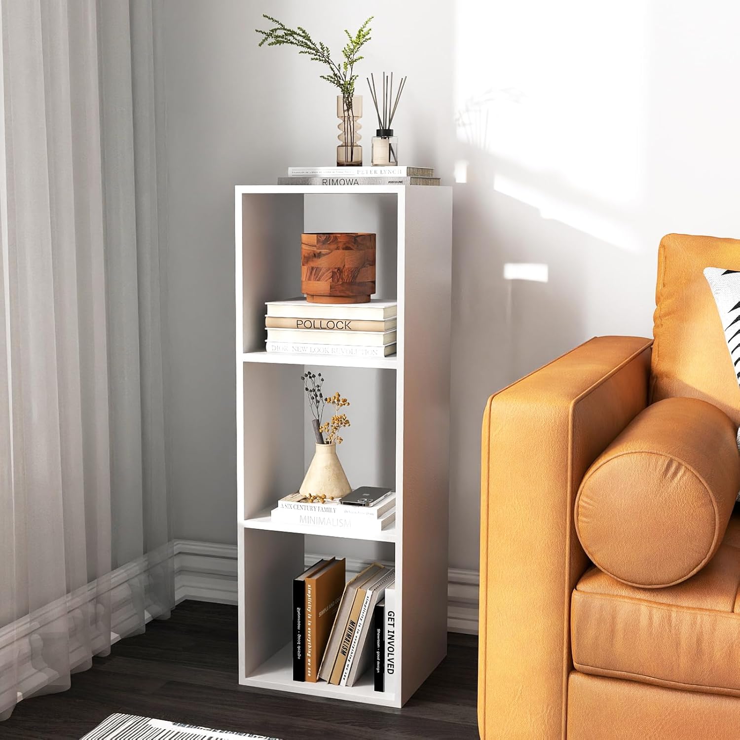 Bibliothèque de Rangement à 3 Niveaux COSTWAY-140 x 24 x 104 CM-10 Cases Ouverts-Kit Anti-Basculement-Capacité Max 170 KG-Blanc - Maison