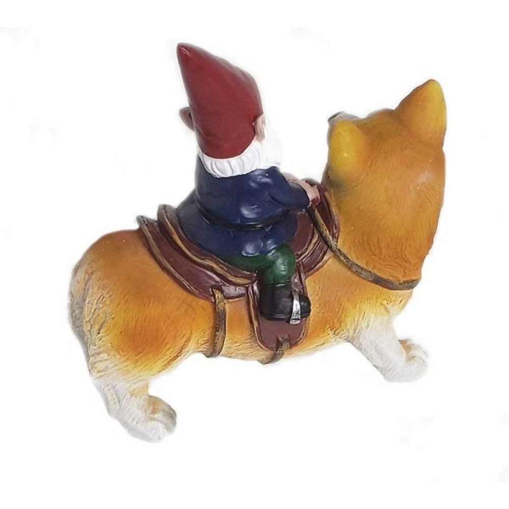 Zabawna figurka elfa ogrodowego w kubku: Święty Mikołaj jadący na corgi. Rzeźba elfa do ogrodu, do użytku wewnątrz i na zewnątrz, na patio. - 5