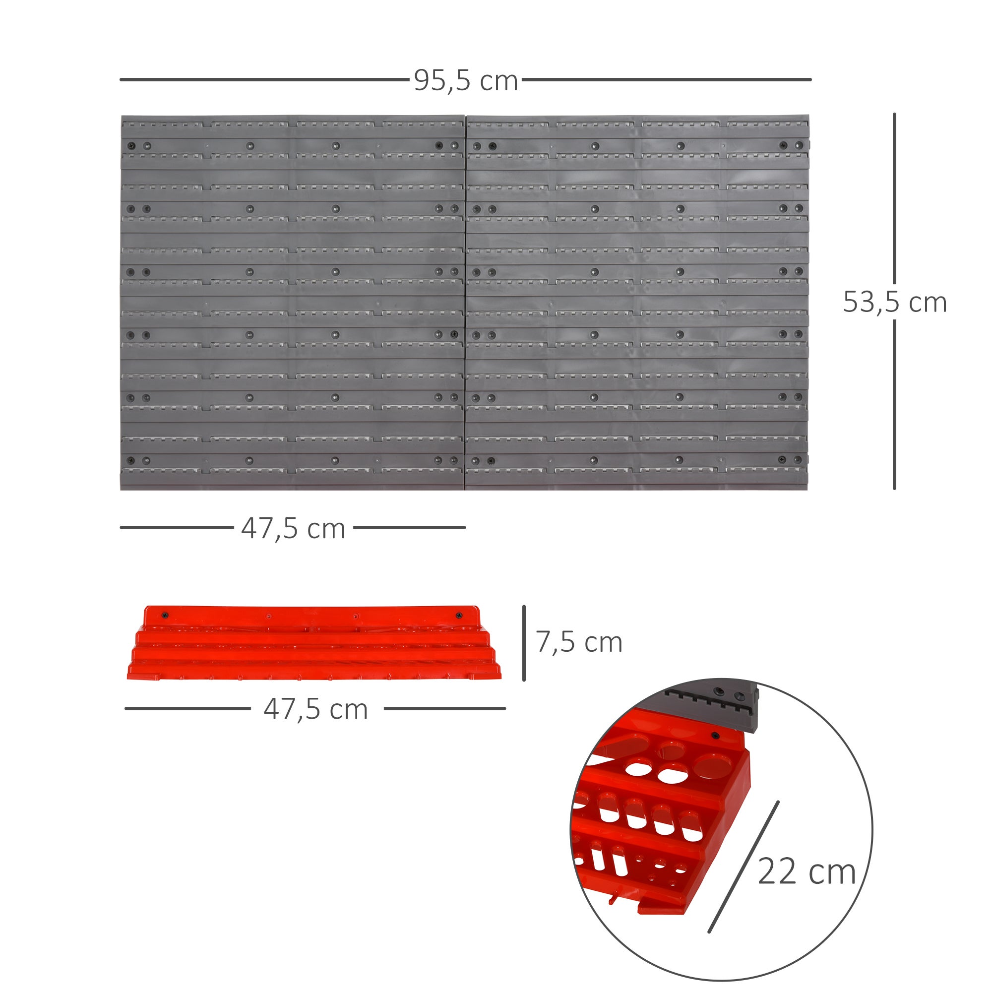 Panneau mural porte-outils , ensemble de 54 porte-outils pour atelier, bacs de rangement, crochets, PP, gris et rouge, 95,5 x 23 x 53,5 cm - 4