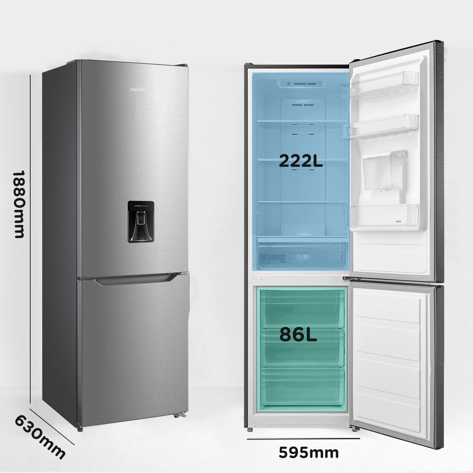 Réfrigérateur Combiné Congélateur Bas COMFEE - 308L - Classe D - Total No Frost (Sans givre)- L 63 cm x H 188 cm - Inox - 9
