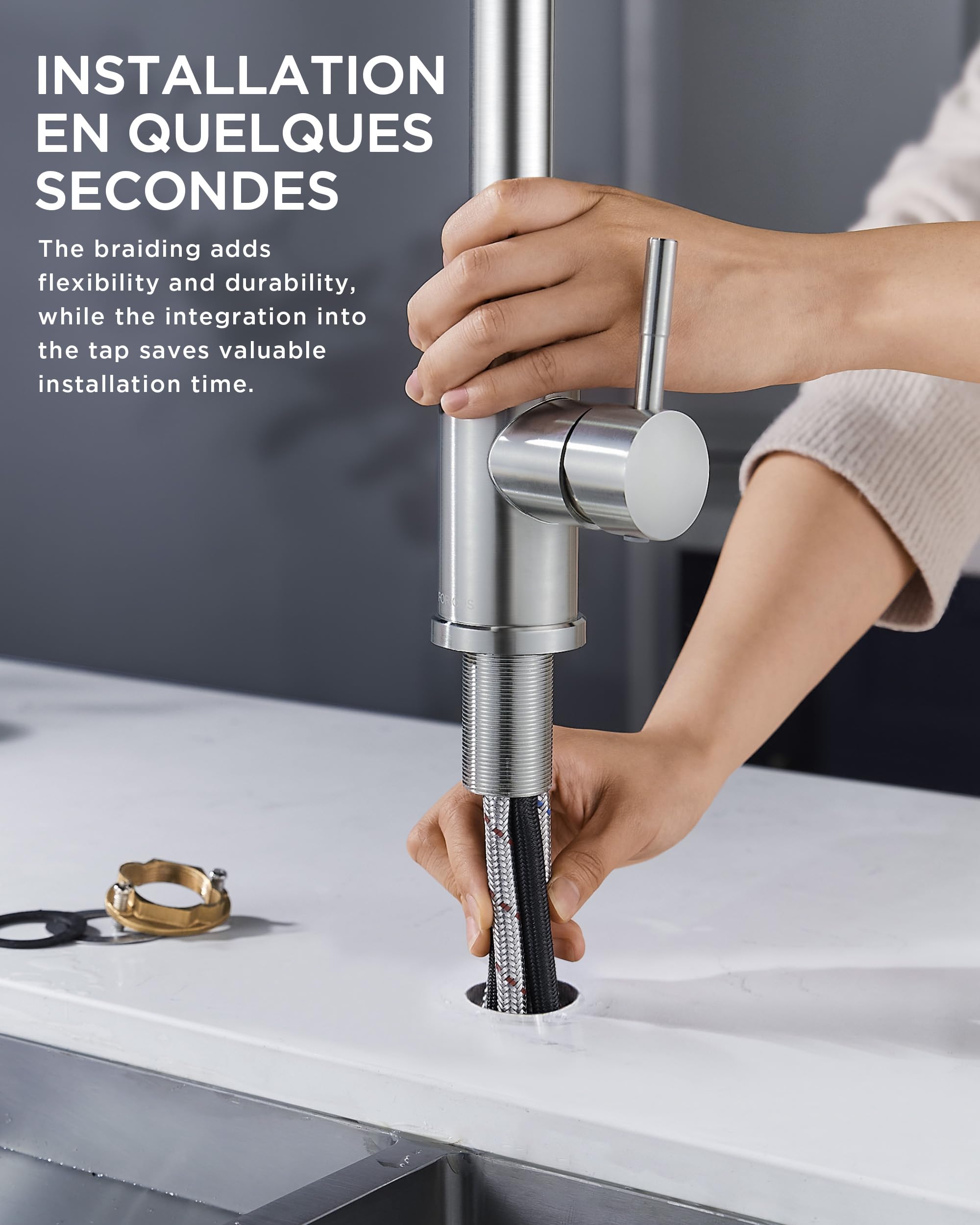 Mitigeur de Cuisine avec Pulvérisateur Escamotable 2 Modes,Pivotant 360°,Arc Élevé en Acier Inoxydable - Robinet Évier Moderne et Fonctionnel - 6