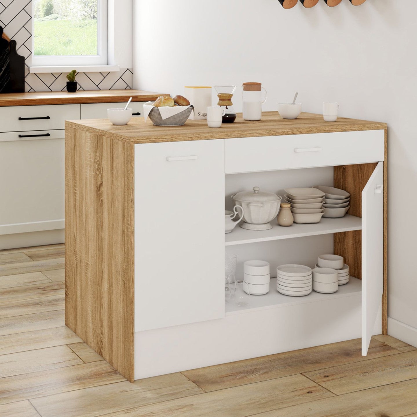 Ilot central LIO maxi capacité de rangement bois et blanc - 4