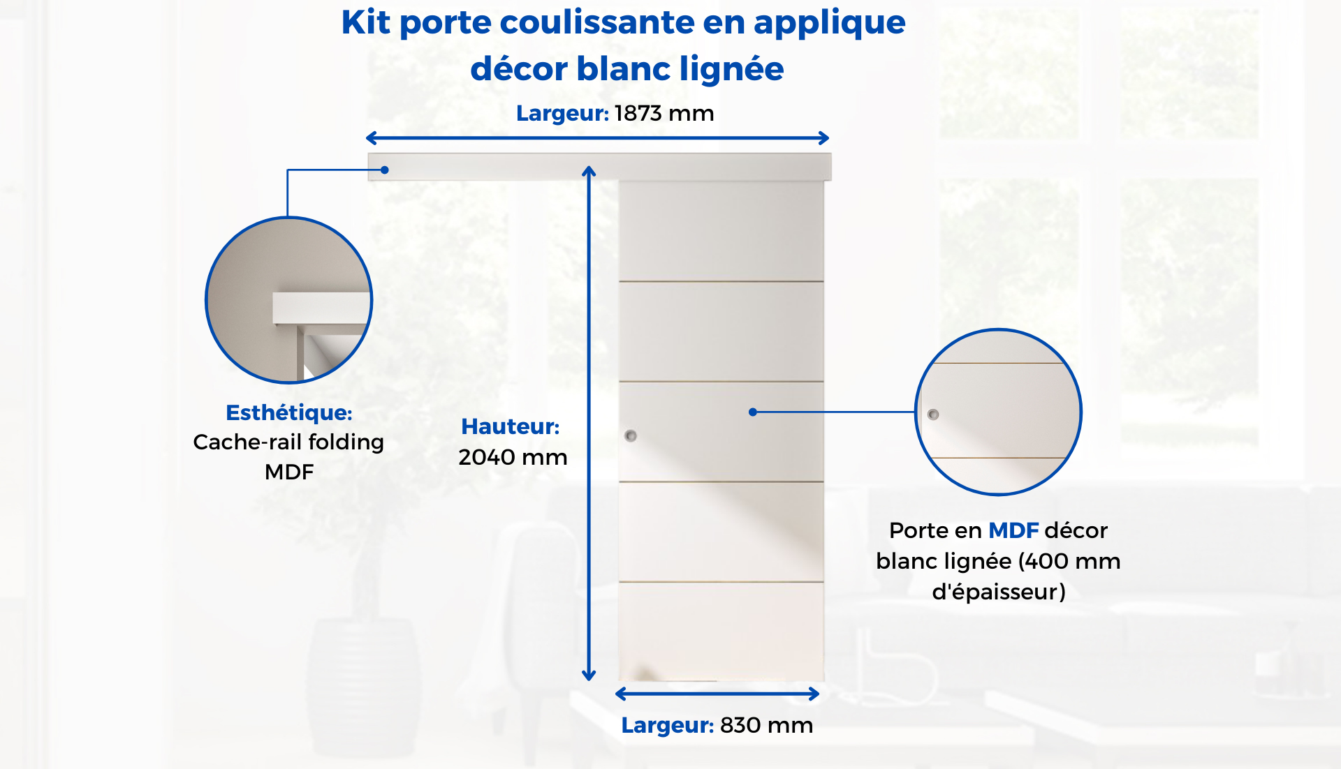 Kit porte coulissante 4 lignes - blanc lignée - + rail 2 amortisseurs + cache rail blanc - H 204 cm x L 83 cm - 2