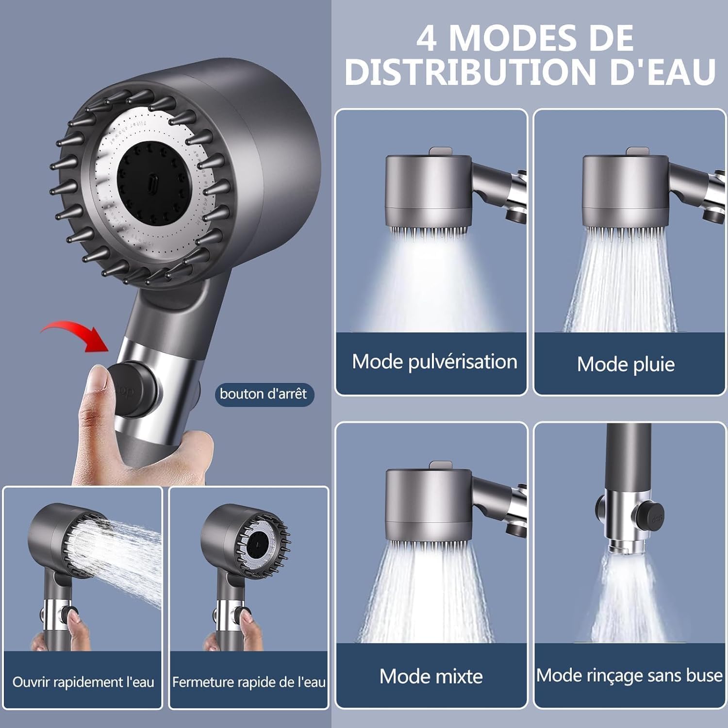 Pommeau de douche haute pression anticalcaire avec flexible de 1,5 m et support de douche, 4 types de jets, gris - 6