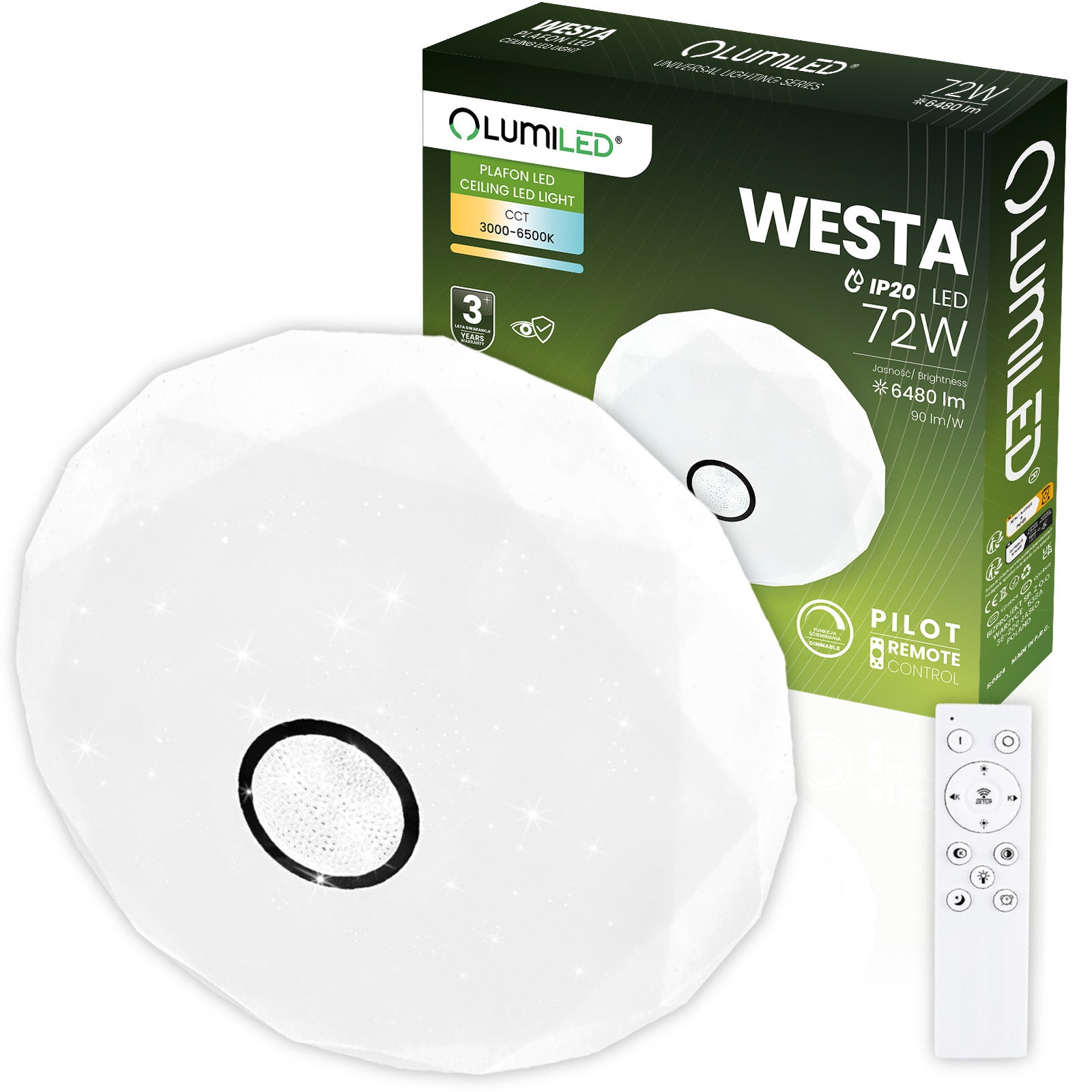 Plafon Lumiled Lampa Sufitowa Natynkowa 72W CCT Biały Okrągły 50cm z Pilotem 1 szt.