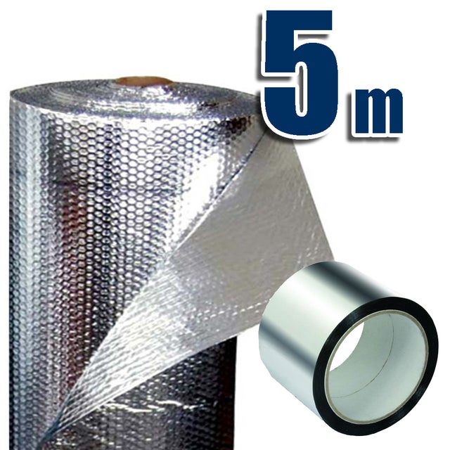 Isolant Thermique Réfléchissant 100% aluminium et bulles (5 x 0,6m) + Ruban Aluminium 10m - Isole coffres de volets, radiateurs, caravanes...