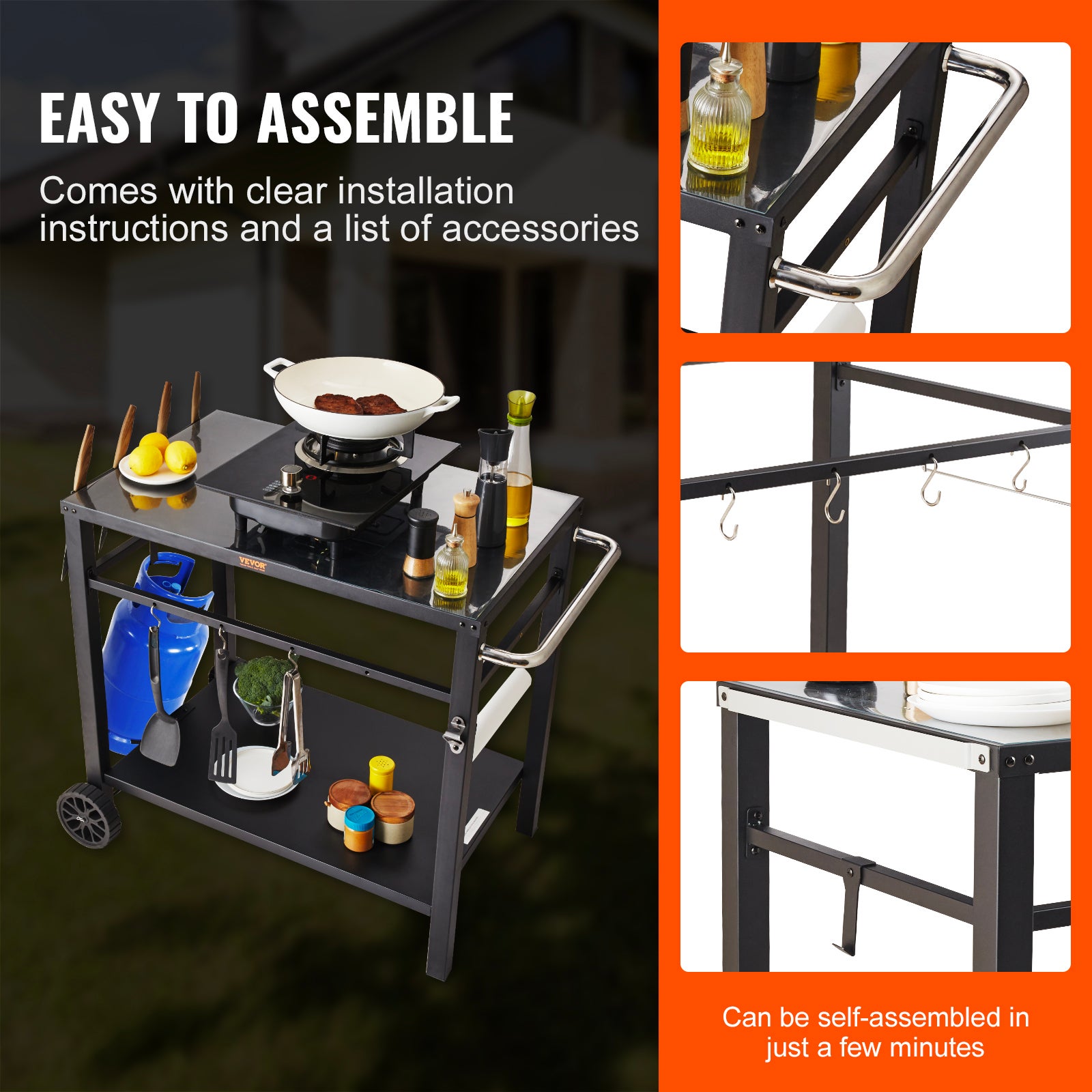 VEVOR Carrello da Pranzo per BBQ da Esterno con Doppio Ripiano, Tavolo Mobile Preparazione degli Alimenti per Barbecue, Piano Multifunzionale in Ferro - 6