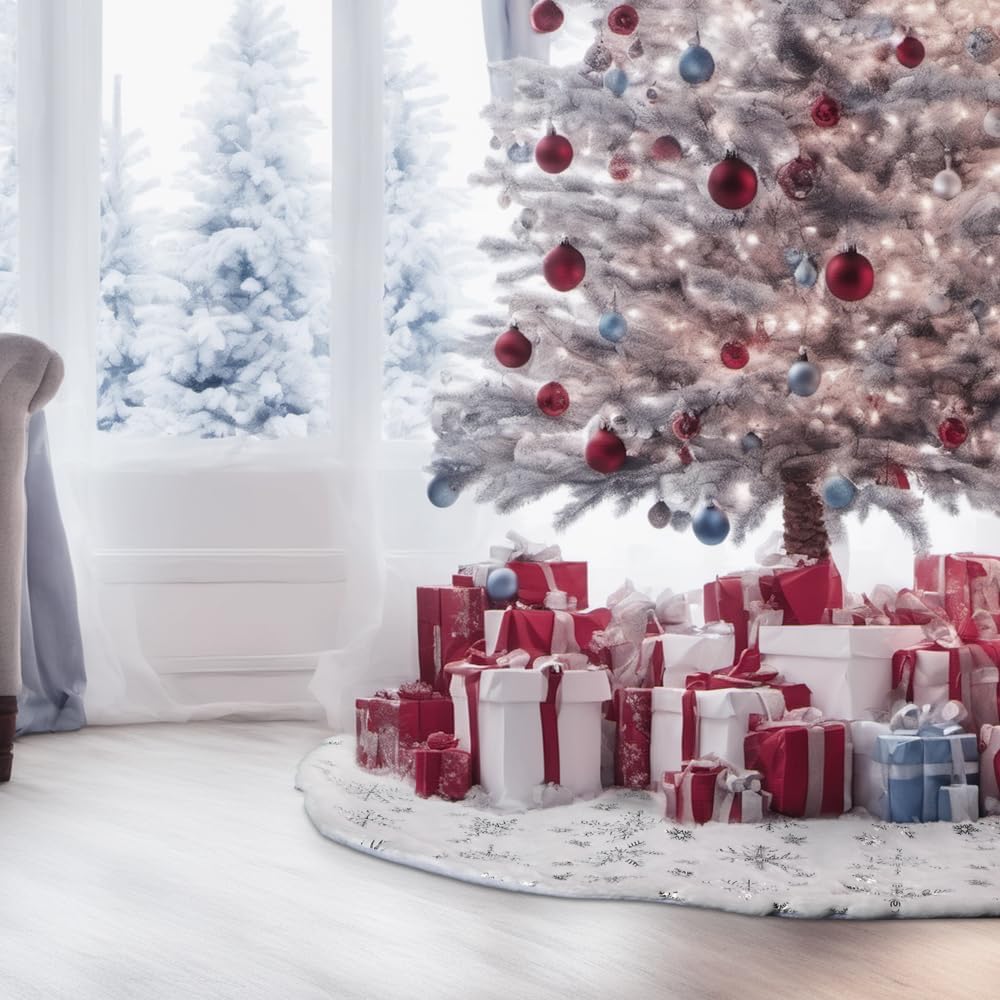 Jupe De Sapin De Noël 90 Cm – Blanc à Flocons Argentés, Peluche, Couvre-pied, Anti-dérapant