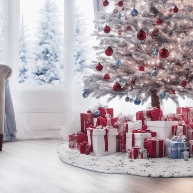 Jupe De Sapin De Noël 90 Cm – Blanc à Flocons Argentés, Peluche, Couvre-pied, Anti-dérapant