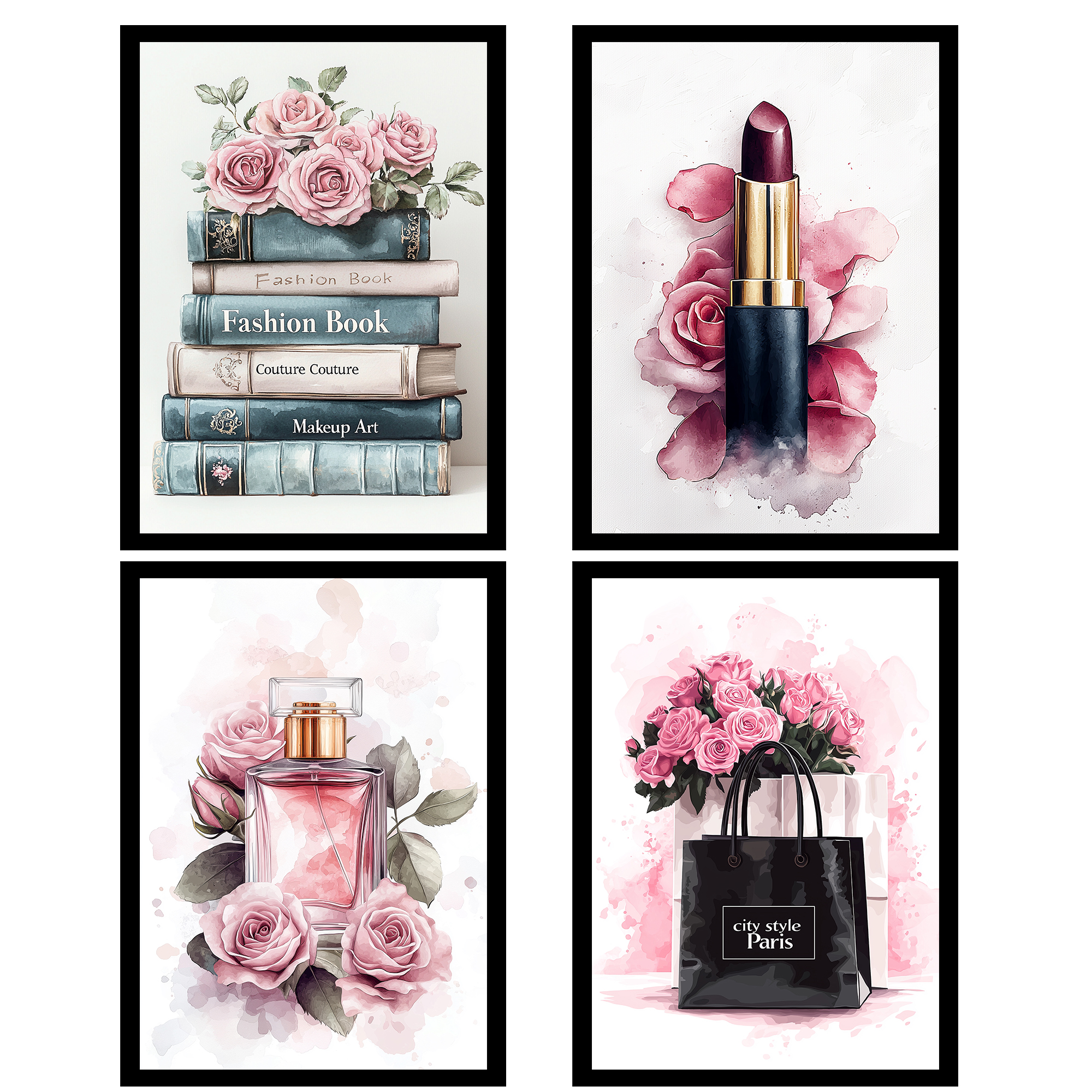 Set de 4 cuadros de maquillaje y cosmética impresión belleza flores bolso perfume lápiz labial para decorar paredes del tocador baño a4 marco negro