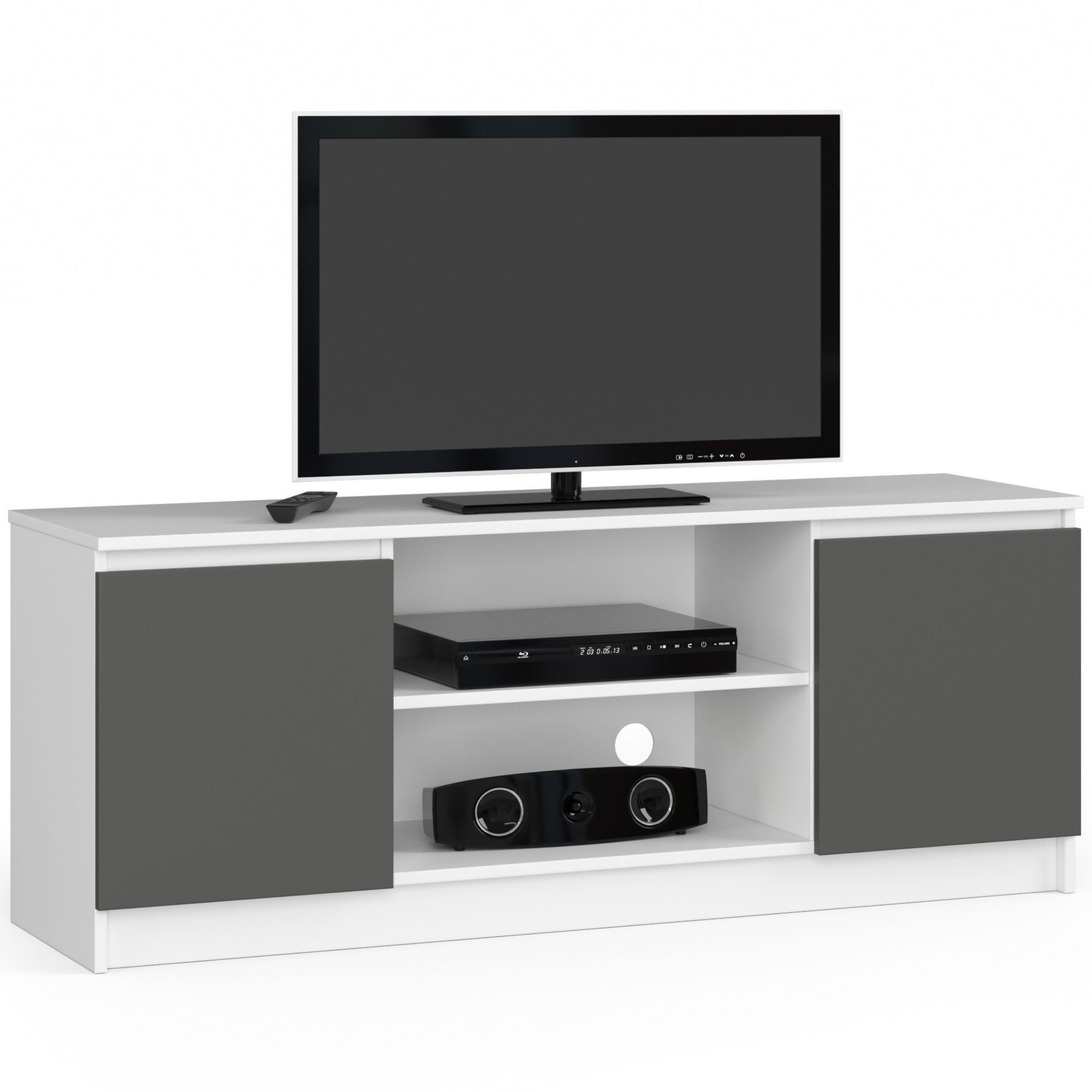Szafka RTV AKORD Biała 140 cm 2 drzwi kolor Grafit Szary mat 2 półki 140x40x55 cm