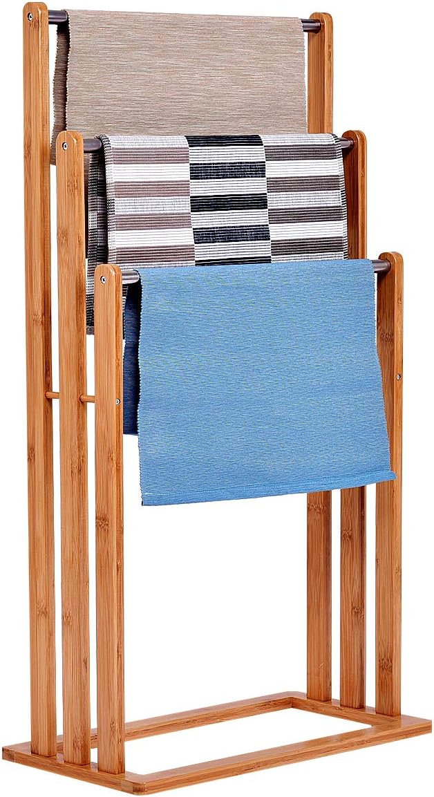 Stojak na Ręczniki z 3 Prętami, Bambusowy Wieszak na Ręczniki, Różna Wysokość i Stabilność, do Łazienki, 46 x 24 x 84 cm, Naturalny