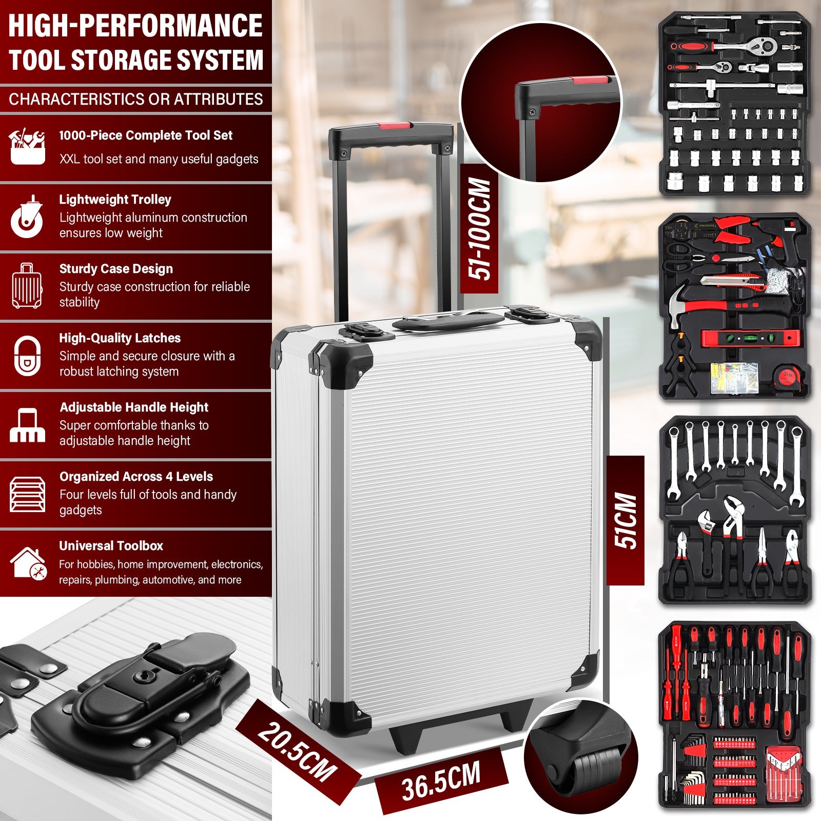 TEENO Coffret à Outils 1000 Pièces Professionnel - Valise Roulante Aluminium avec Poignée Télescopique et Outils Chrome Vanadium pour Mécanique - 2