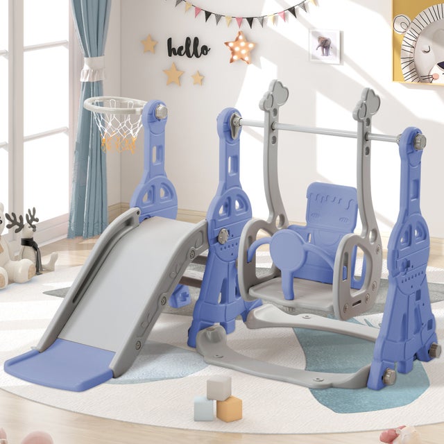 Tobogán Infantil 6 En 1 De Exterior – Con Escalera Antideslizante, Aro De Baloncesto Y Zona De Espera, Fácil De Montar, Seguro Y Estable (azul-amarillo)