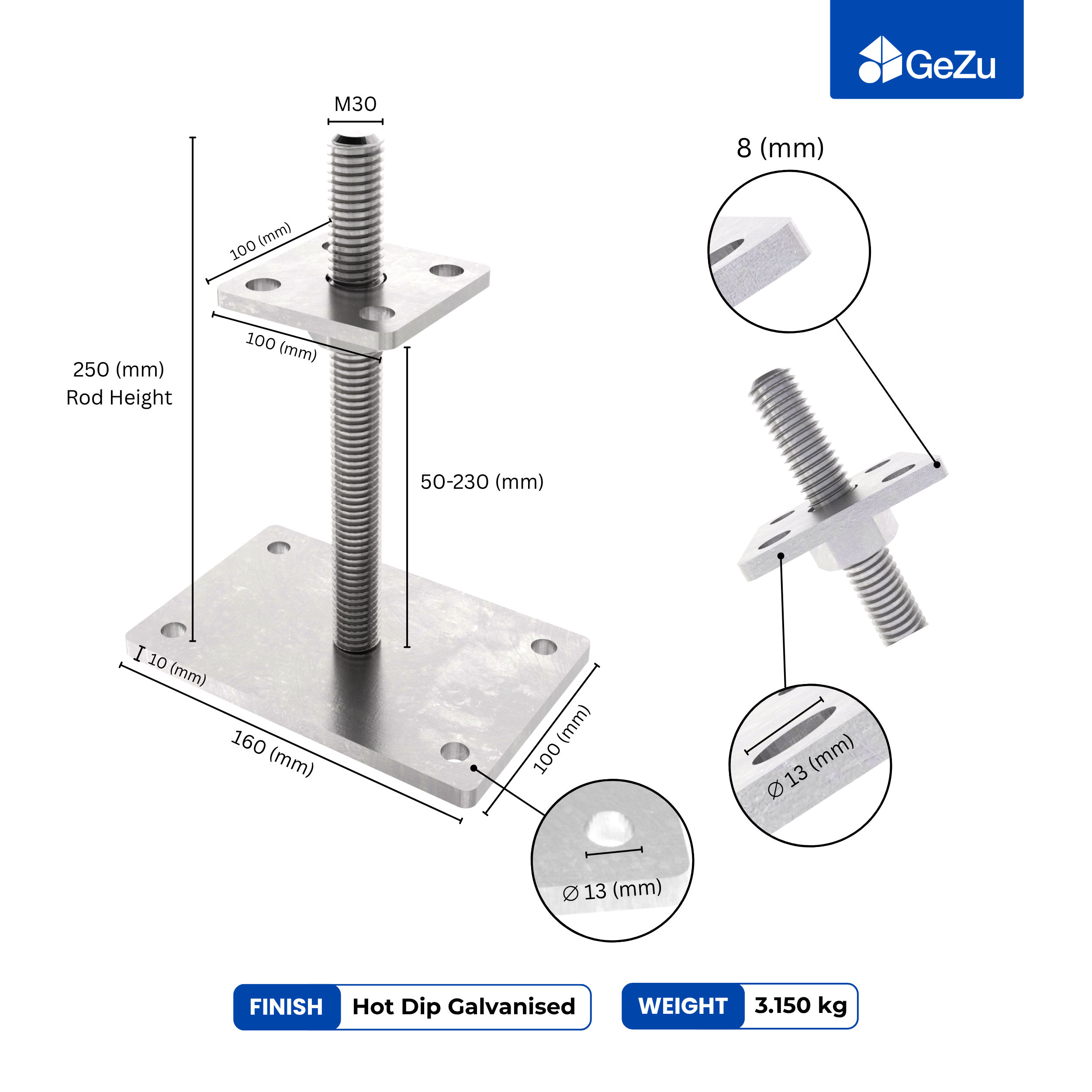 Support de poteau Galvanisé à chaud 100 x 100 mm | 50 - 230 mmhauteur reglable platine bois pied clôture GeZu Impex - 2