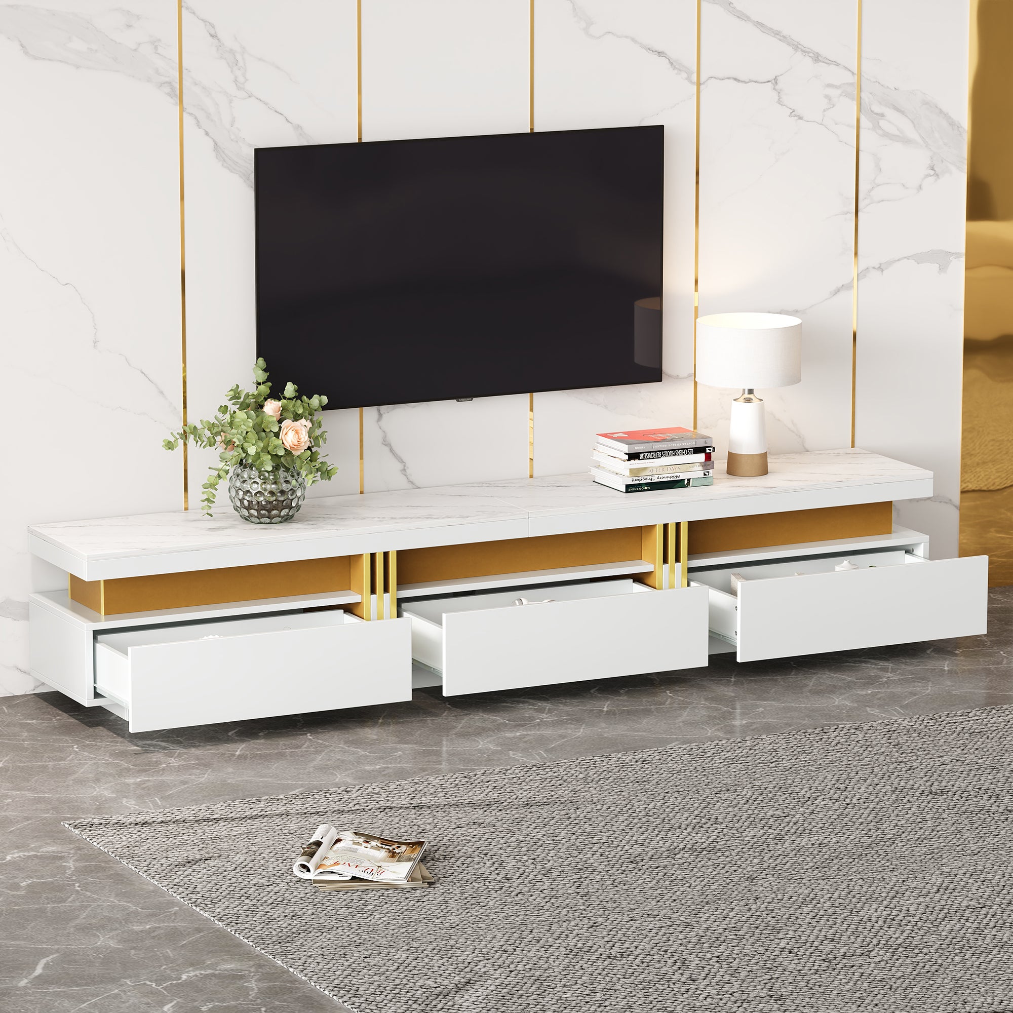 Szafka RTV z 3 szufladami - 200 x 40 x 42 cm - Płyta wiórowa - Wygląd marmuru - Kolor biały