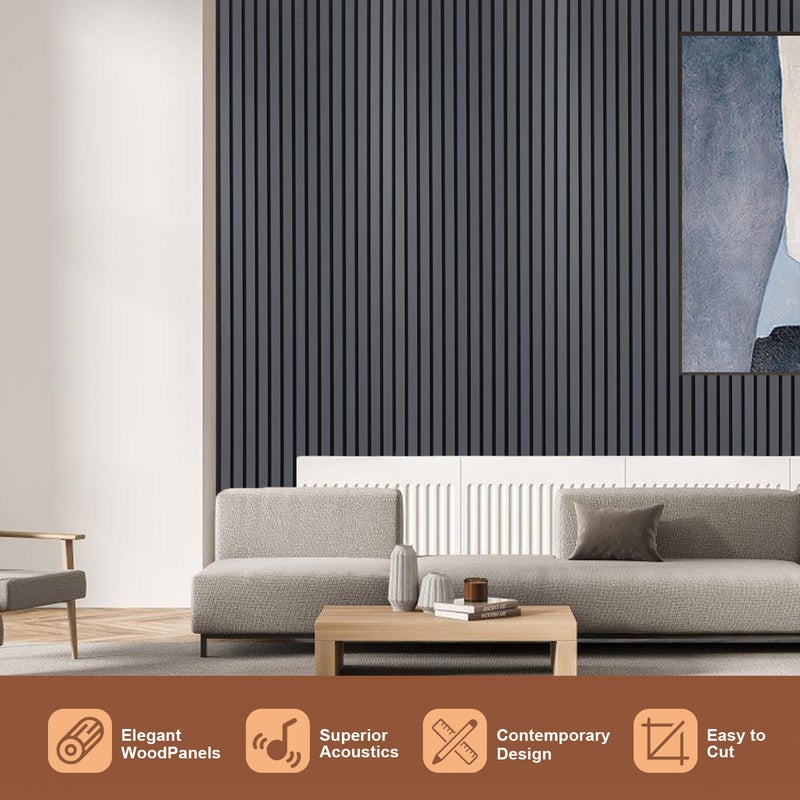 Panel de listones Revestimiento de pared natural Panel acústico de pared moderno de MDF en chapa de madera y fieltro 2x 120x60x2,1cm Gris - 5