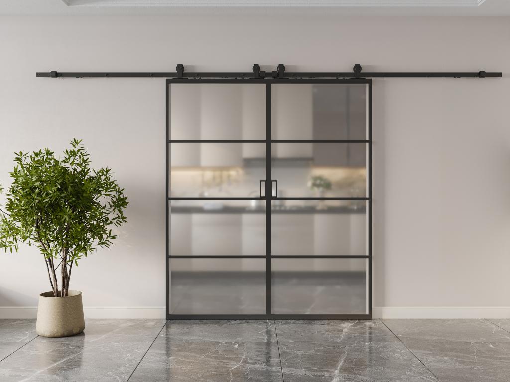 Drzwi przesuwne naścienne podwójne - aluminium i matowe szkło hartowane - 2 x wys. 205 x szer. 83 cm - SINCA II