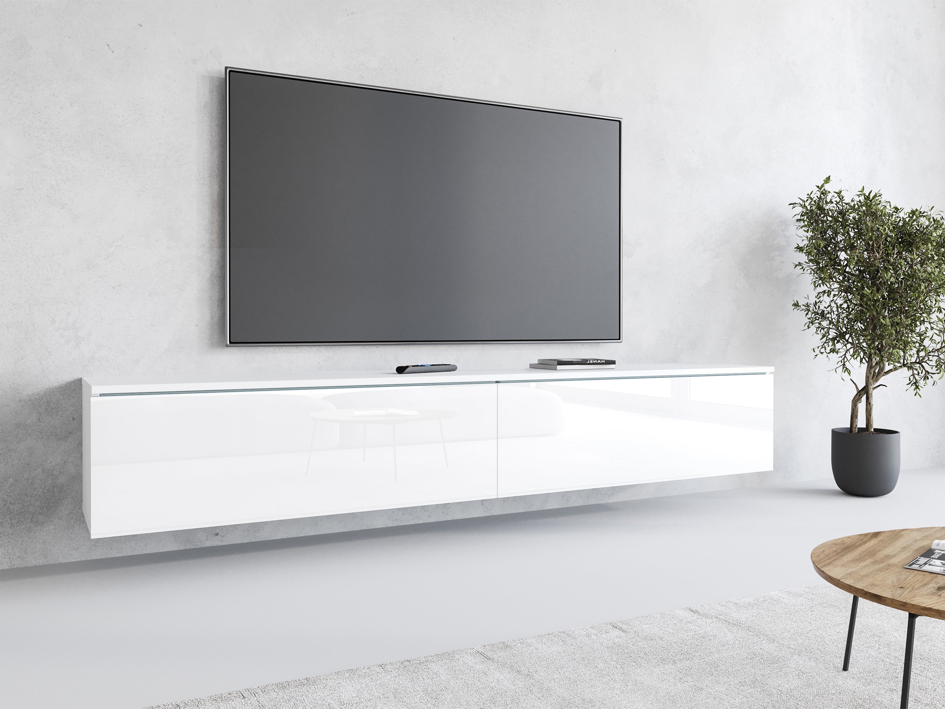 Meuble TV Lowboard D180 Blanc/Blanc brillant, Nombre de portes : 2, 180x30x33 cm - 8