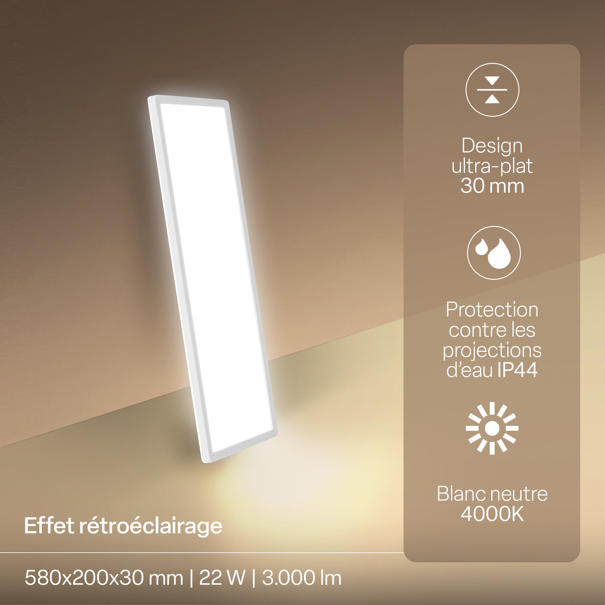 Panneau LED - Plat - Protection IP44 contre les projections d'eau - 58 x 20 cm - Blanc neutre - 22 W 3000 lm - B.K.Licht - 2