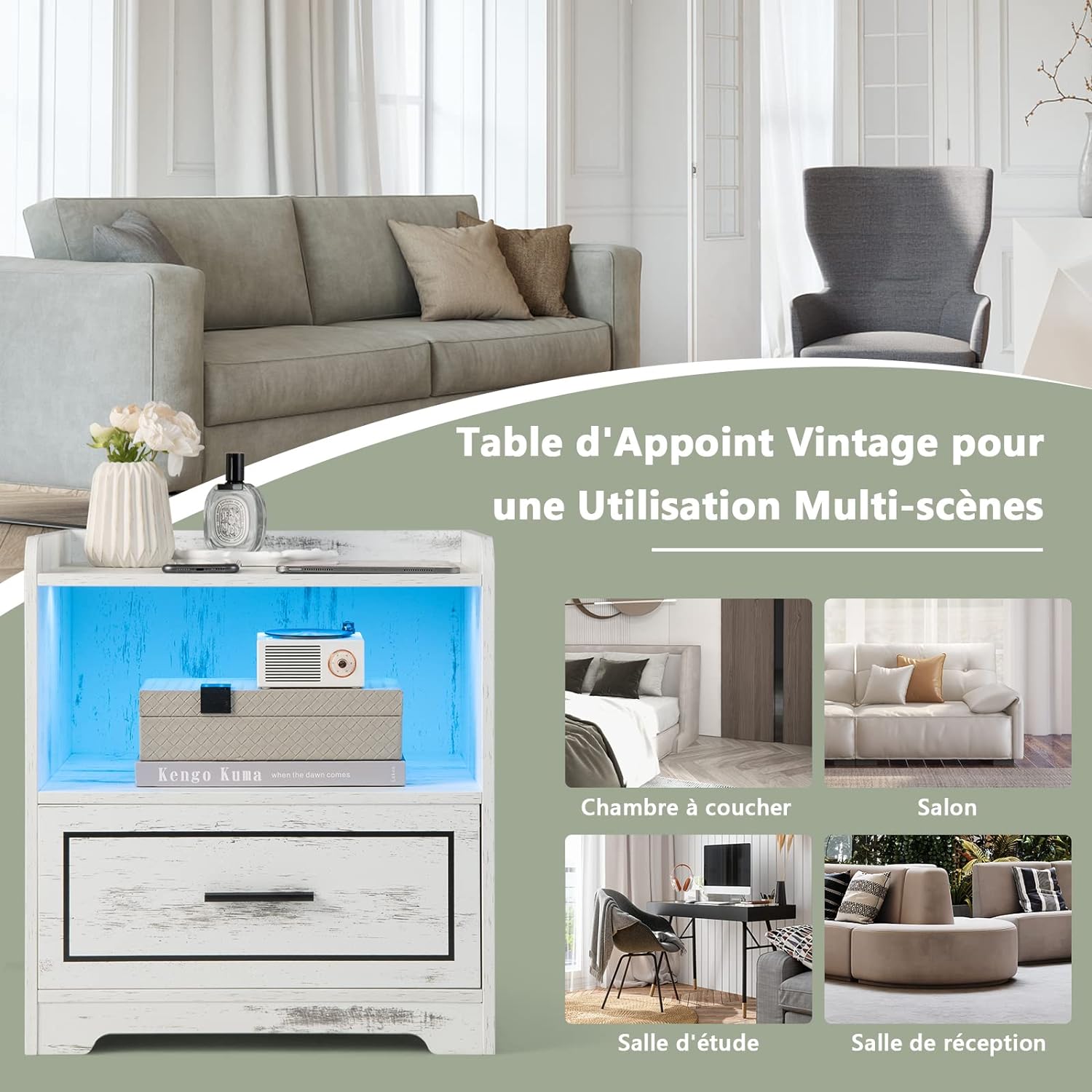 Comodino con LED 45 x 40 x 50 cm, Tavolino Moderno con 1 Porte USB e 1 Type-C, Mobile con Ripiano Aperto e Cassetto, Luci a Colori Variabili ( - 5