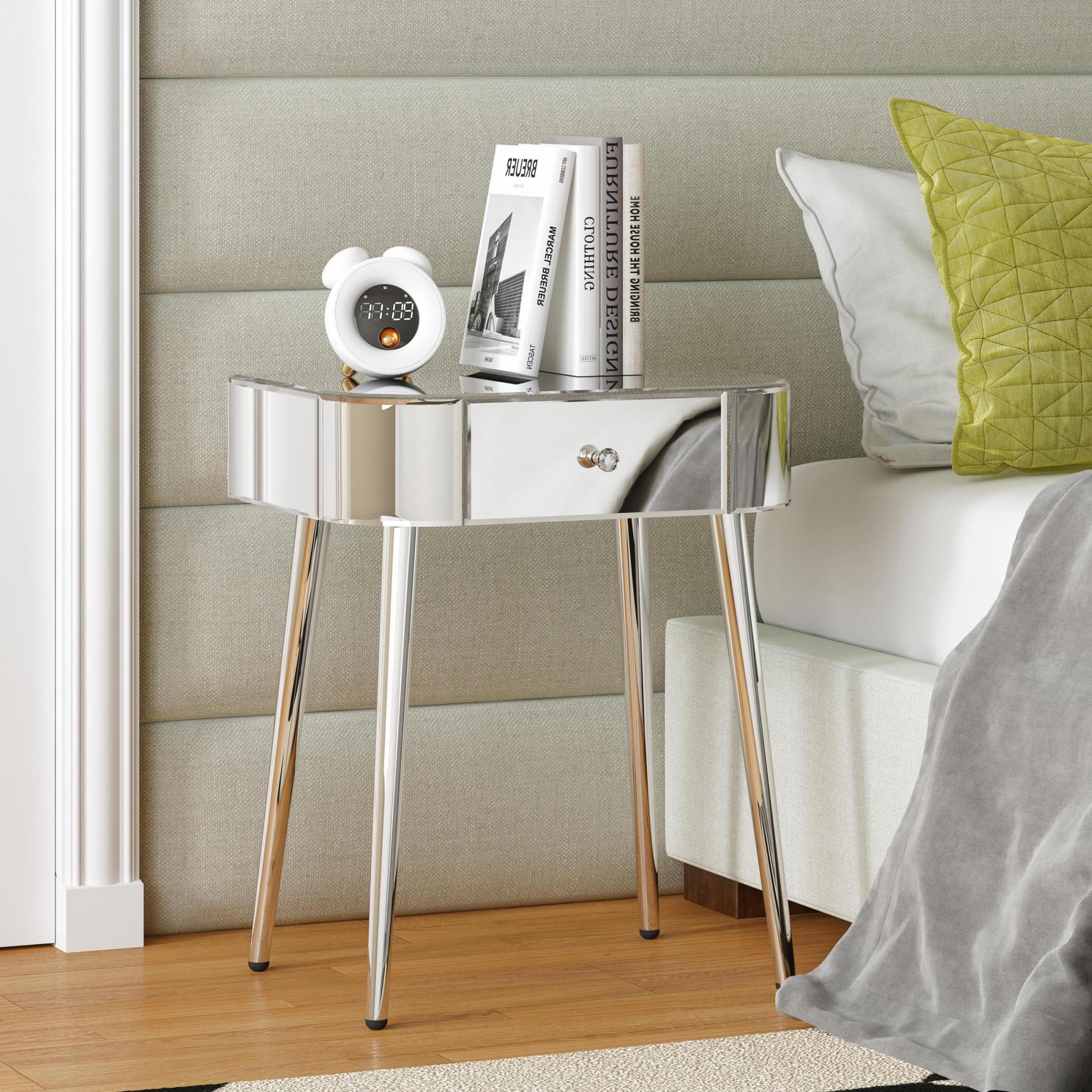 Table de chevet en miroir LUCIA avec 3 tiroirs
