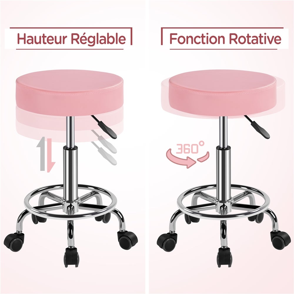 Tabouret Rond à Roulettes avec Assise Réglable en Hauteur et Revêtement en Similicuir Rose Yaheetech - 6
