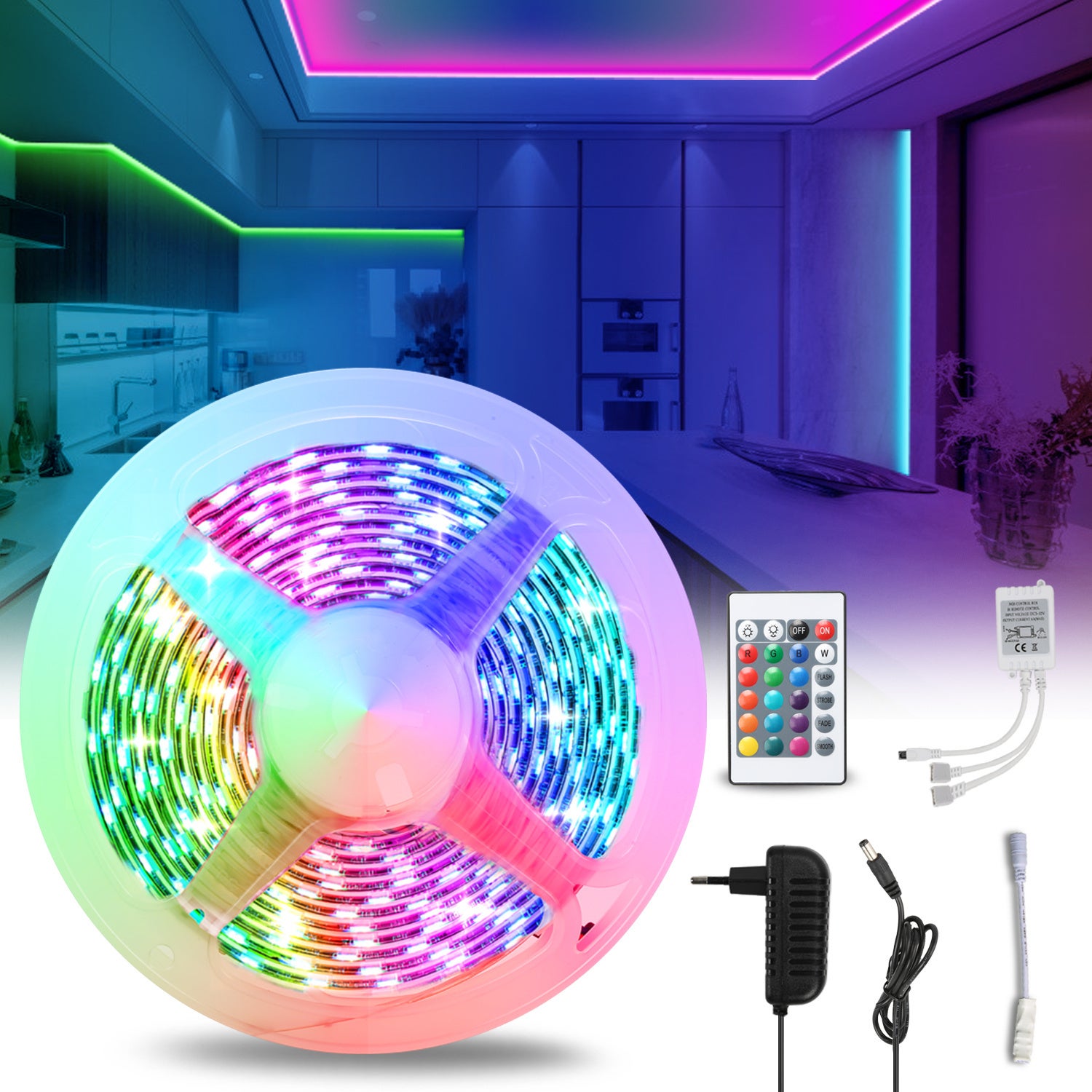 Taśma LED 3M 5050 SMD RGB, 90 diod LED z 24-klawiszowym pilotem + zasilacz 12 V do ścianki tylnej na imprezę