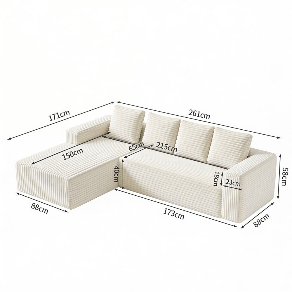 DRIPEX Canapé d'angle modulaire avec méridienne en L,Canapé 4 places en velours côtelé moelleux avec 4 coussins,Beige,261×171×58cm - 3