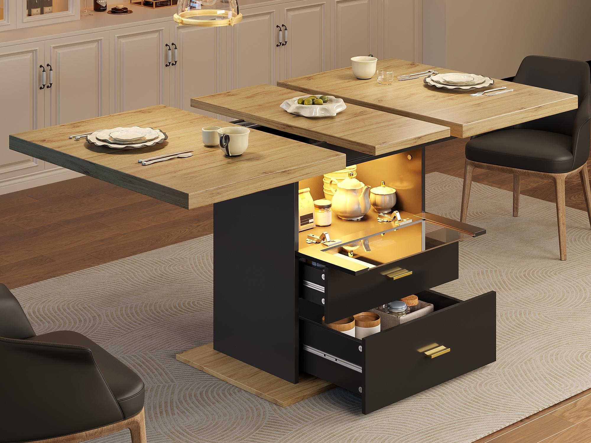 Rozkładany stół jadalny 110/140x80x75 cm - z oświetleniem LED - 6 miejsc - 1 drzwi - 2 szuflady - MDF + metal - czarny