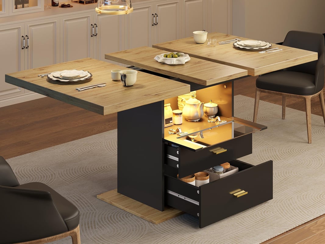 Rozkładany stół jadalny 110/140x80x75 cm - z oświetleniem LED - 6 miejsc - 1 drzwi - 2 szuflady - MDF + metal - czarny