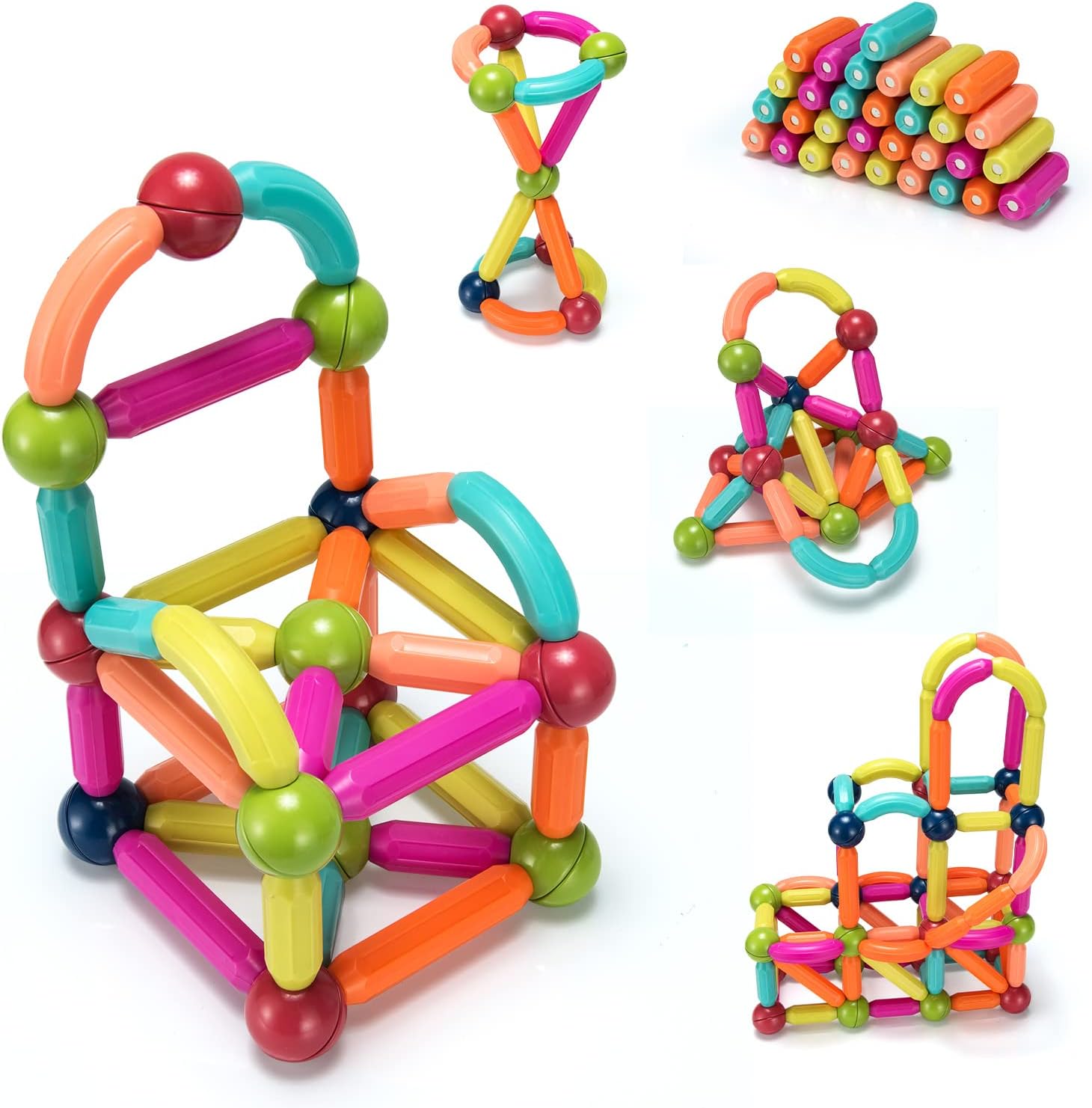 BAKAM Blocchi Di Costruzione Magnetici Per Bambini 4-8 Anni - Bastoncini E Sfere Per Giochi STEM - Giocattoli Educativi 2D E 3D (Set Grande)