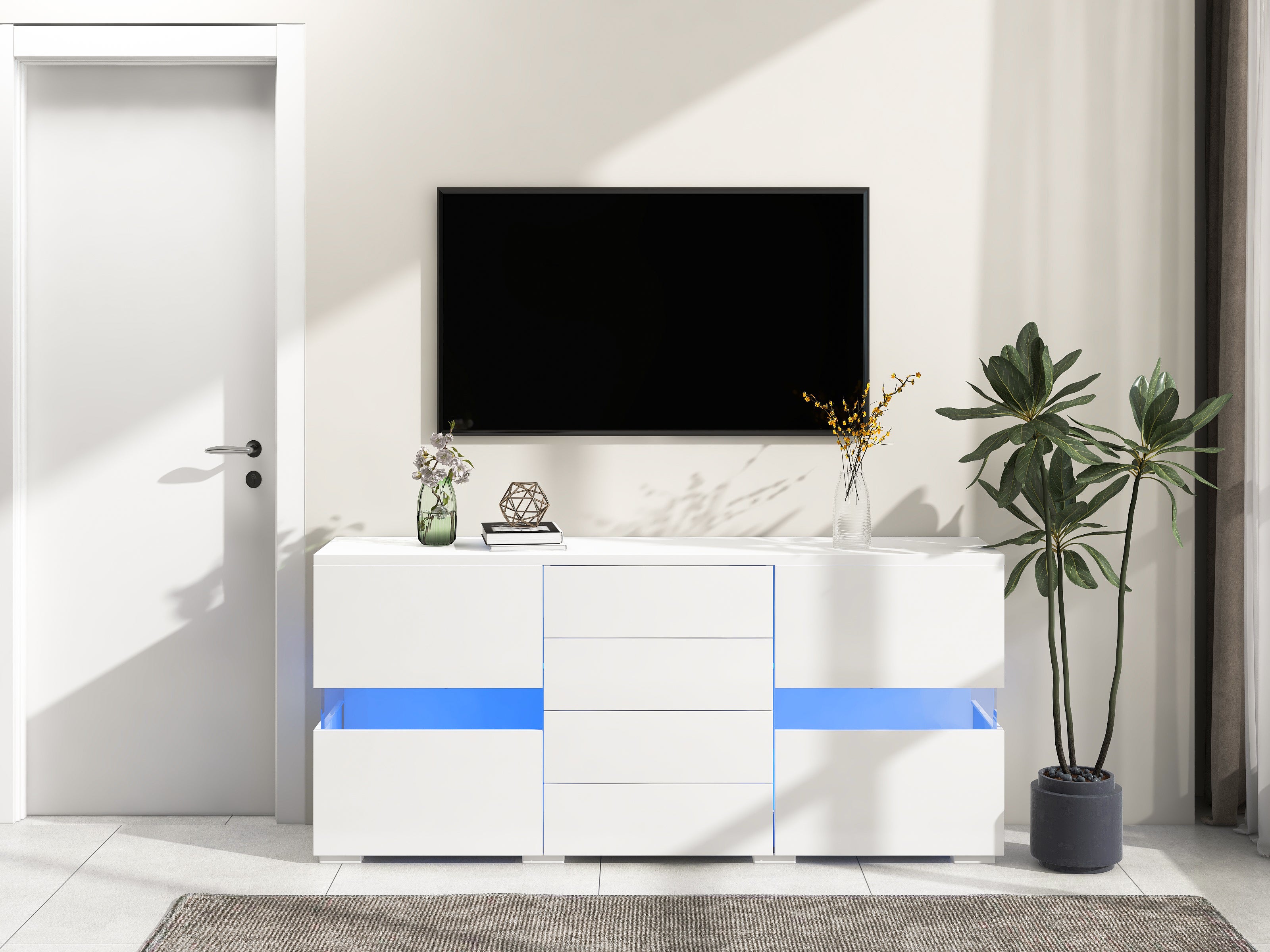 Komoda niska z 4 szufladami i 2 drzwiami - 145 x 35 x 72 cm - LED - do jadalni lub salonu - MDF - biała - 6