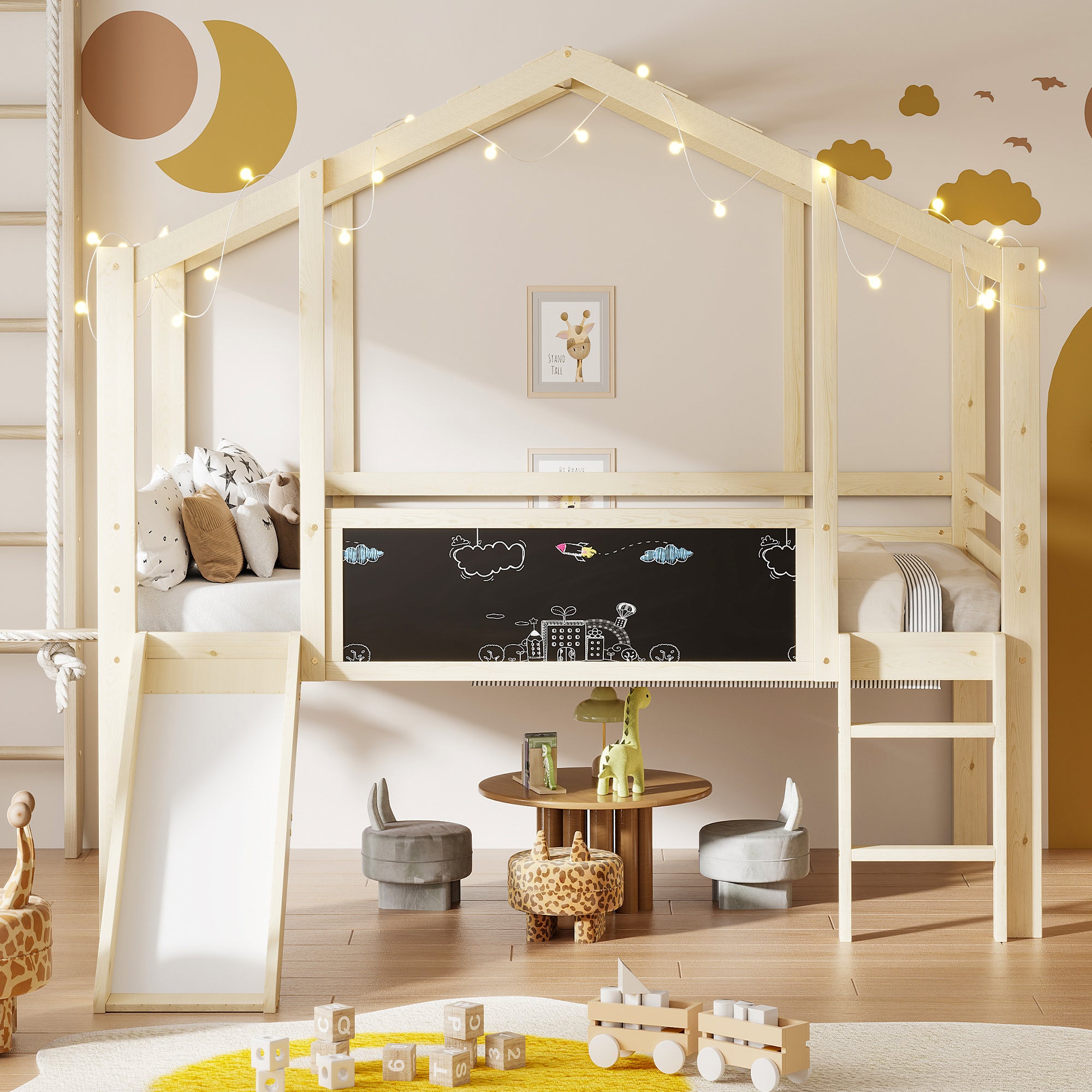 Lit Mezzanine Pour Enfants - 90 X 200 Cm - En Bois - Avec Bureau, Tableau, Armoire Ouverte Et étagères - Cadre De Lit Avec Protection Anti-chute Et Sommier à Lattes, Lit