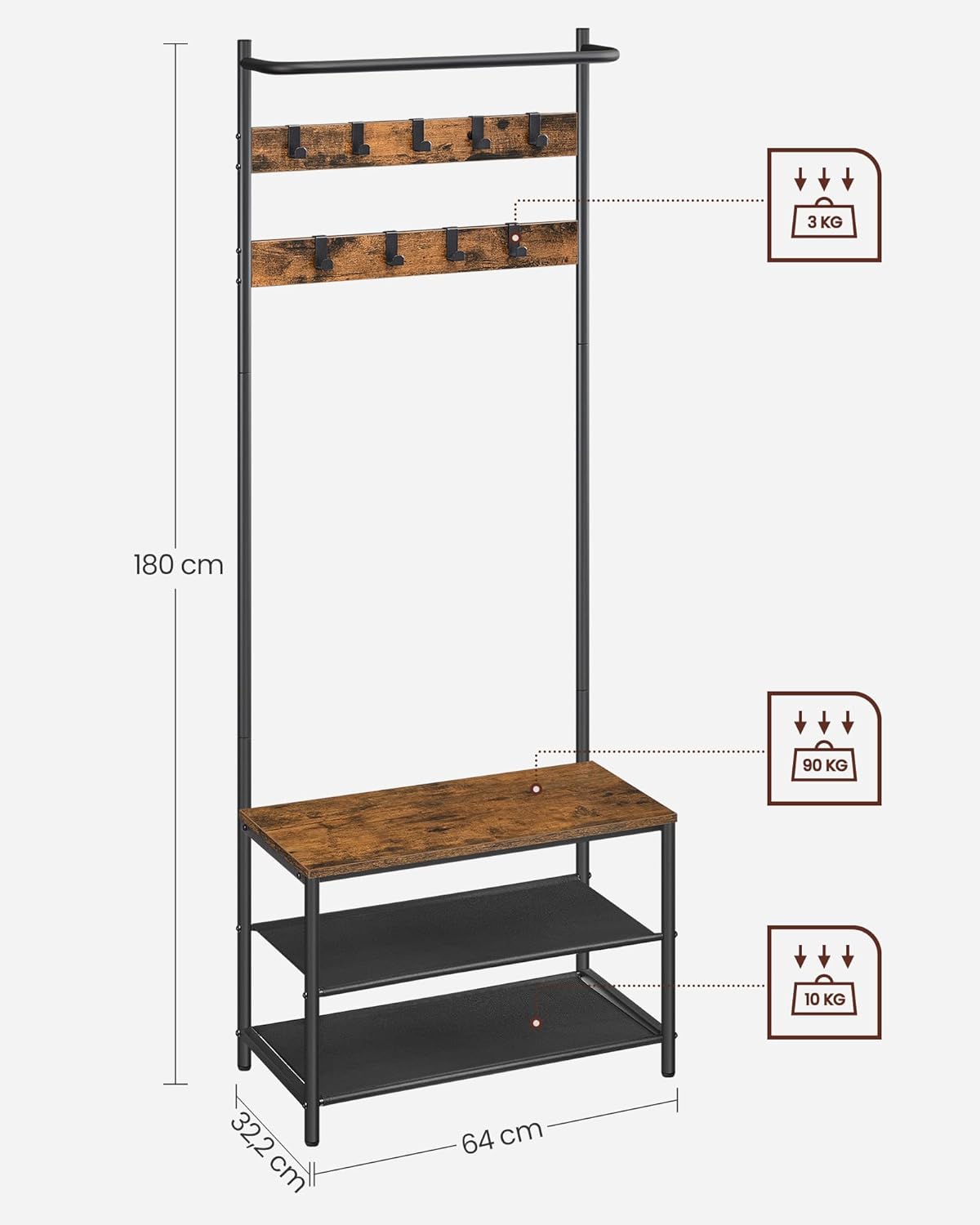 Appendiabiti con Panca Scarpiera, 9 Ganci Rimovibili, Barra Appendiabiti, 32,2 x 64 x 180 cm, Marrone e Nero, Regalo Natale - 6
